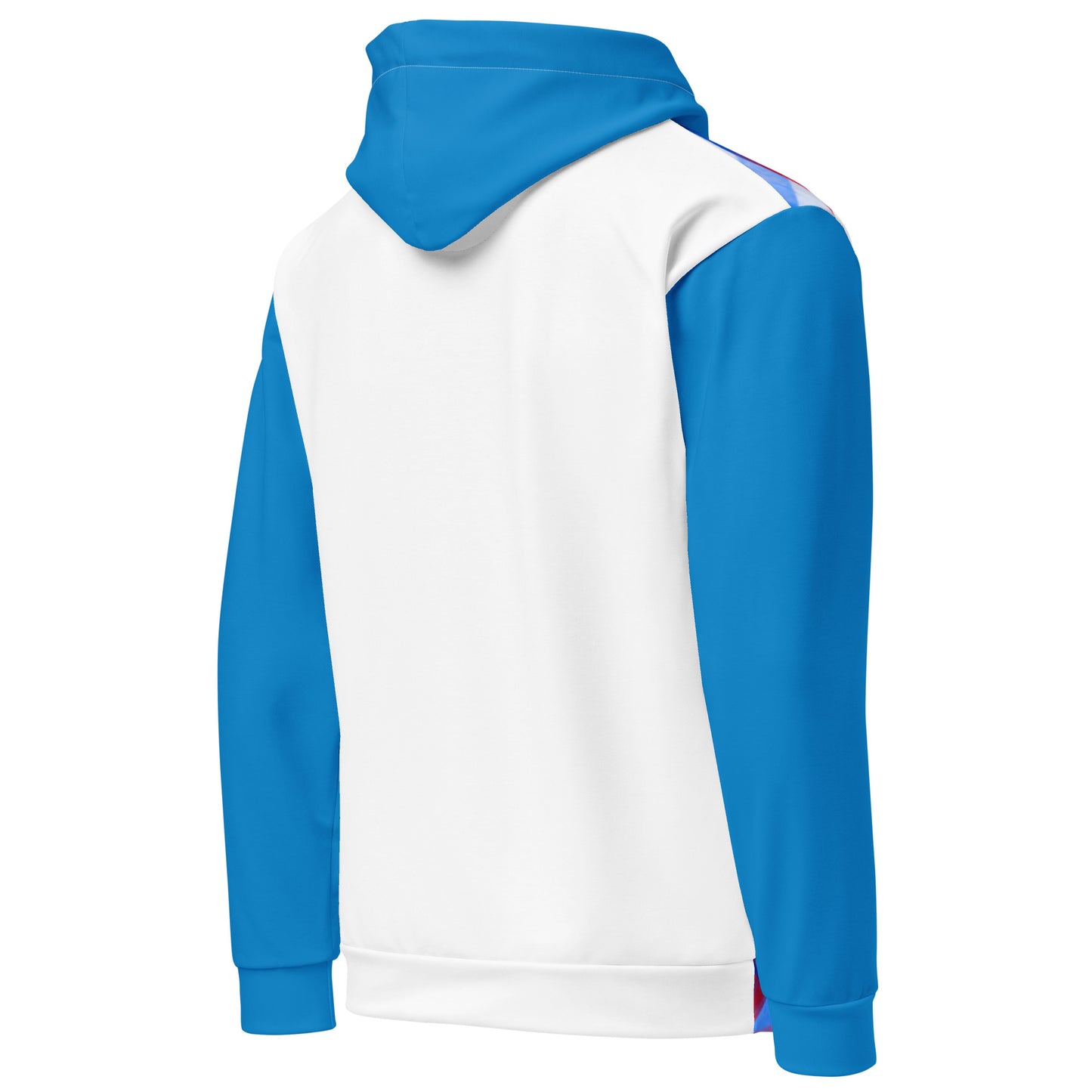 Unisex cotton hoodie back 3/4 view, white body with blue hood and blue sleeves