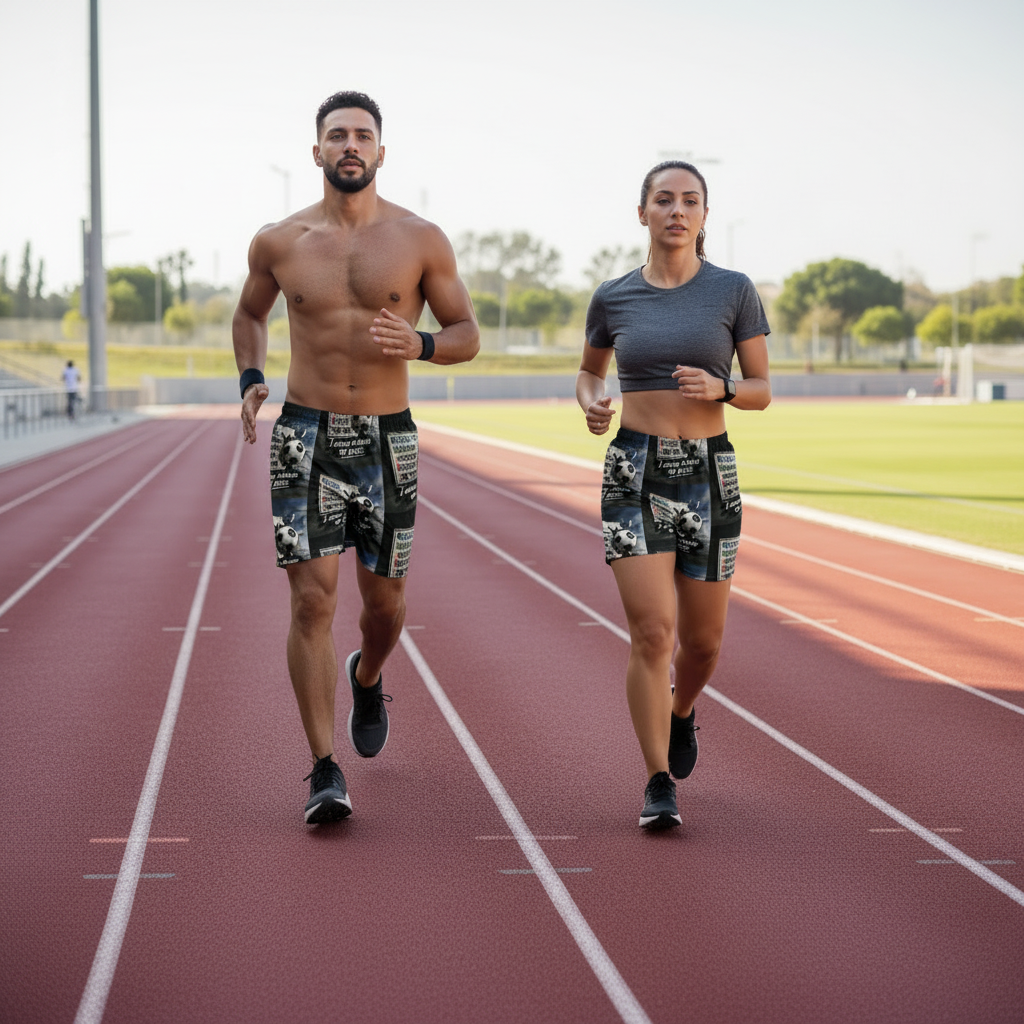 Man and woman running on a track wearing "Goal Getter" cotton unisex shorts with a graphic black and white print.