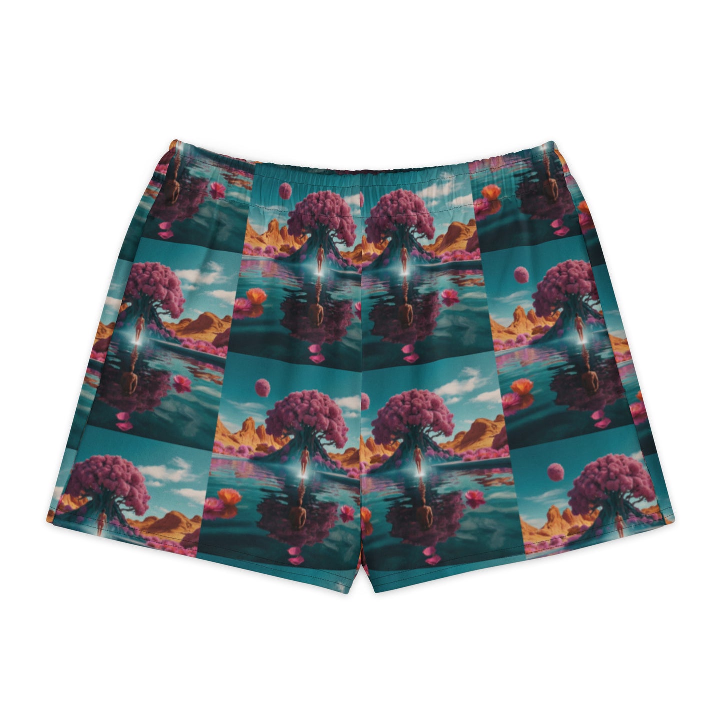 Unisex cotton shorts flat lay, teal multicolor floral landscape print, elastic waistband