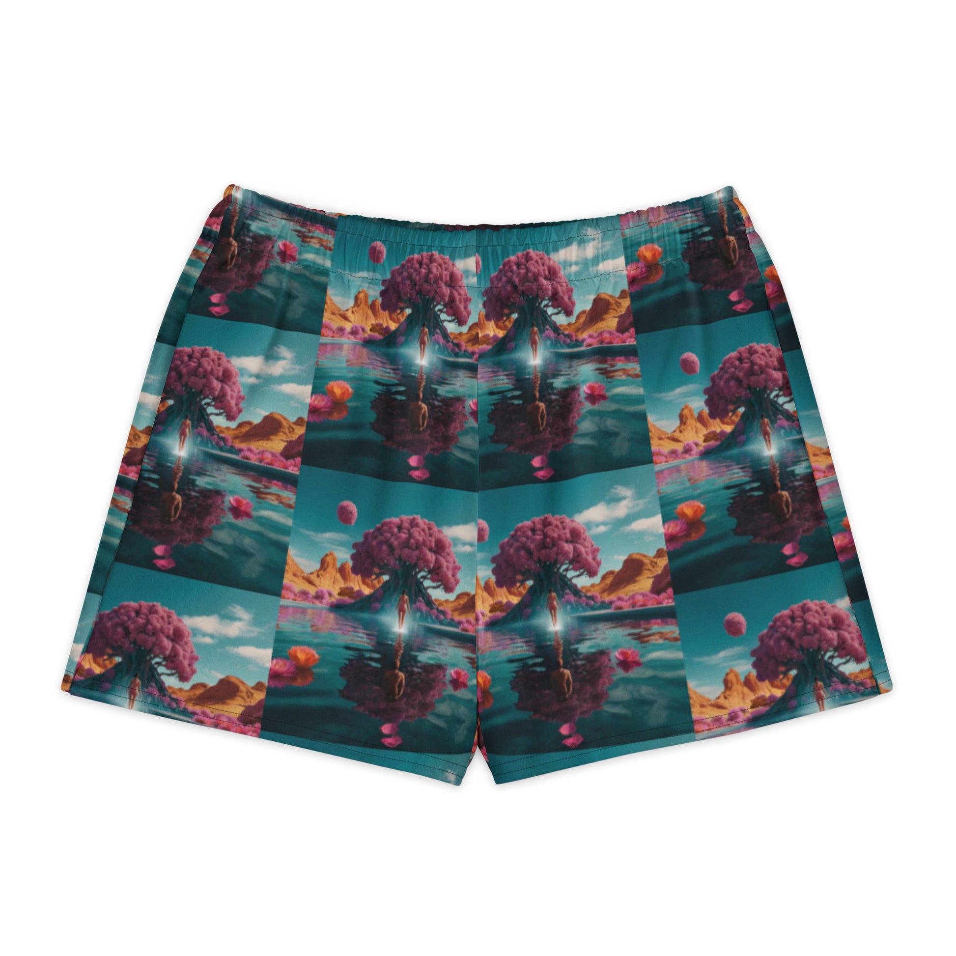 Unisex cotton shorts flat lay, teal multicolor floral landscape print, elastic waistband
