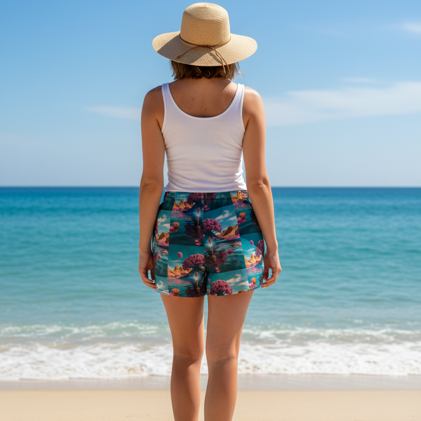 Unisex cotton shorts, teal with multicolor landscape floral print, elastic waistband