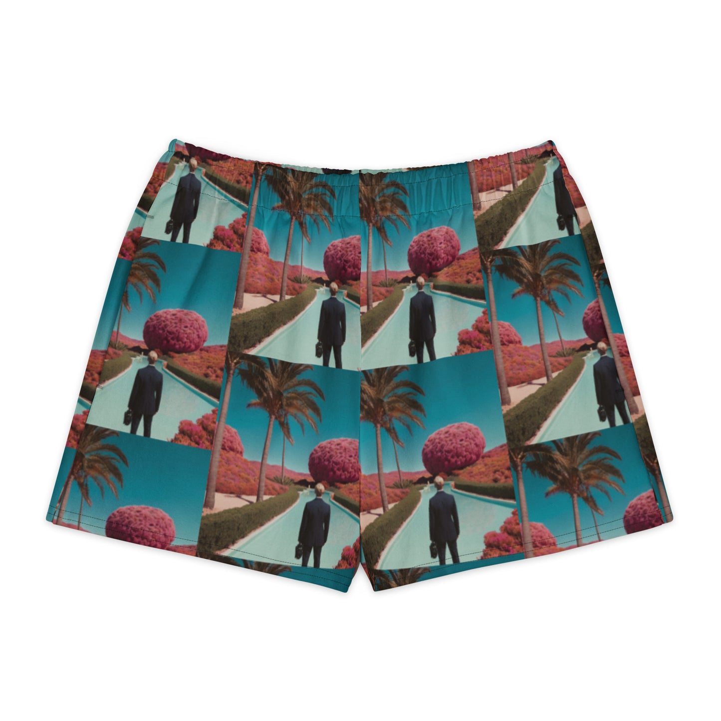 Unisex cotton shorts flat lay, teal-pink tropical scene print, elastic waistband
