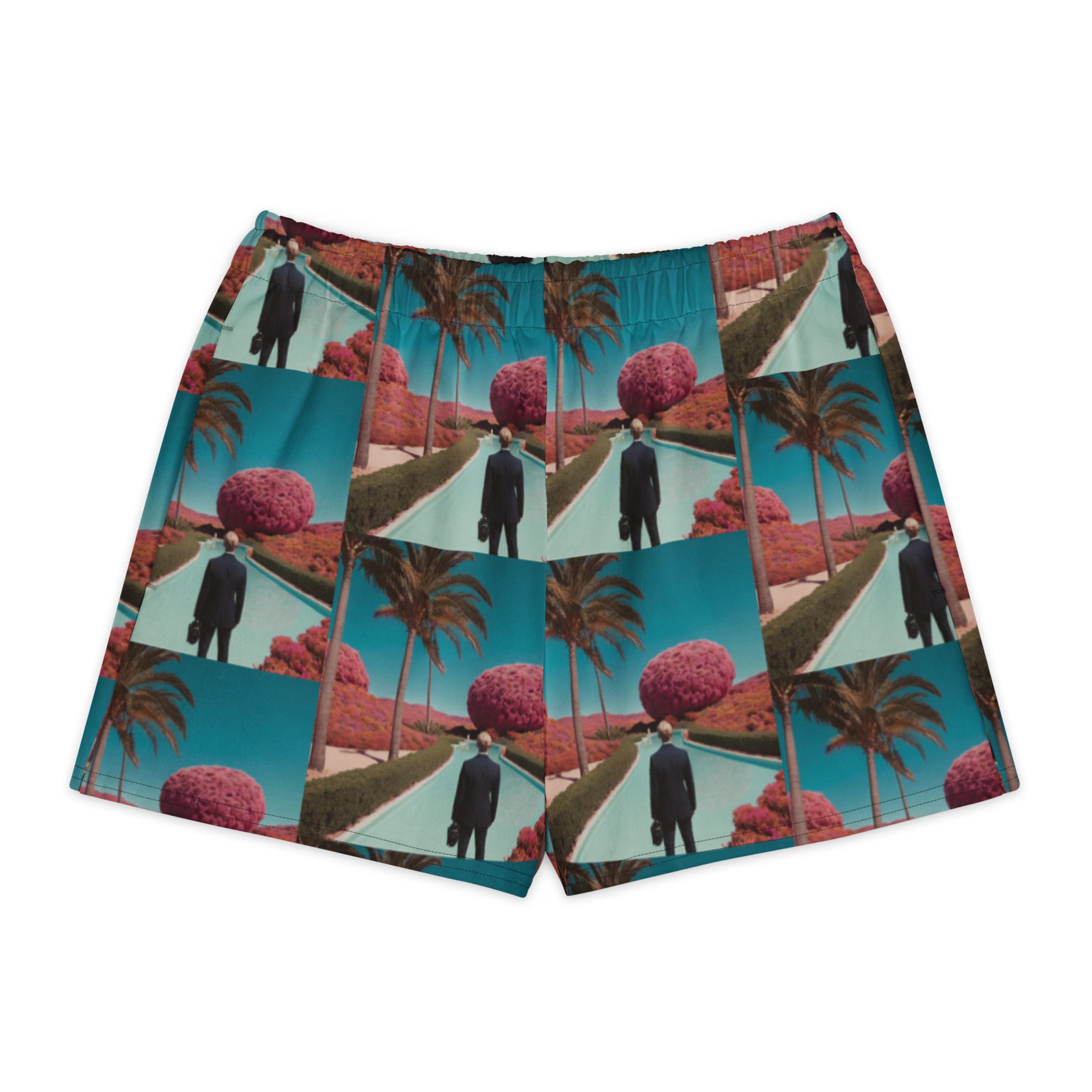 Unisex cotton shorts flat lay, teal-pink tropical scene print, elastic waistband
