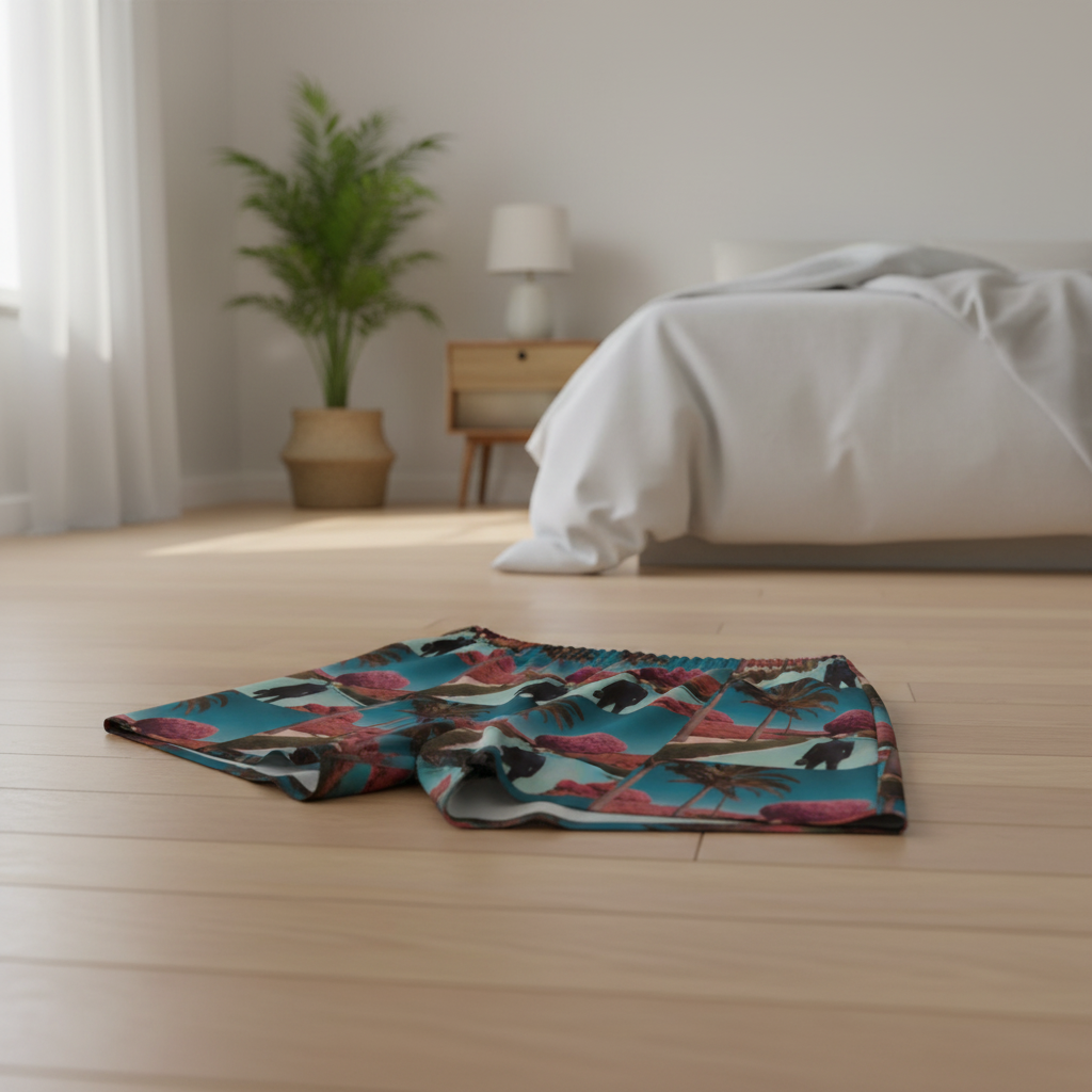 Unisex cotton shorts folded flat, teal and pink tropical print fabric