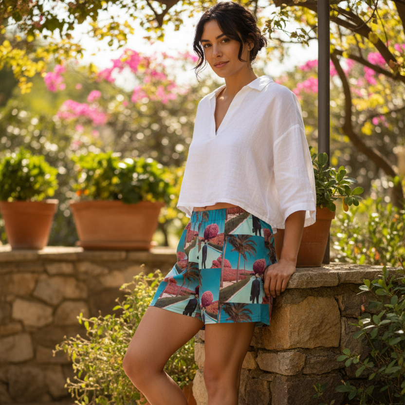 Unisex cotton shorts in teal with tropical scene print, above-knee length, elastic waist