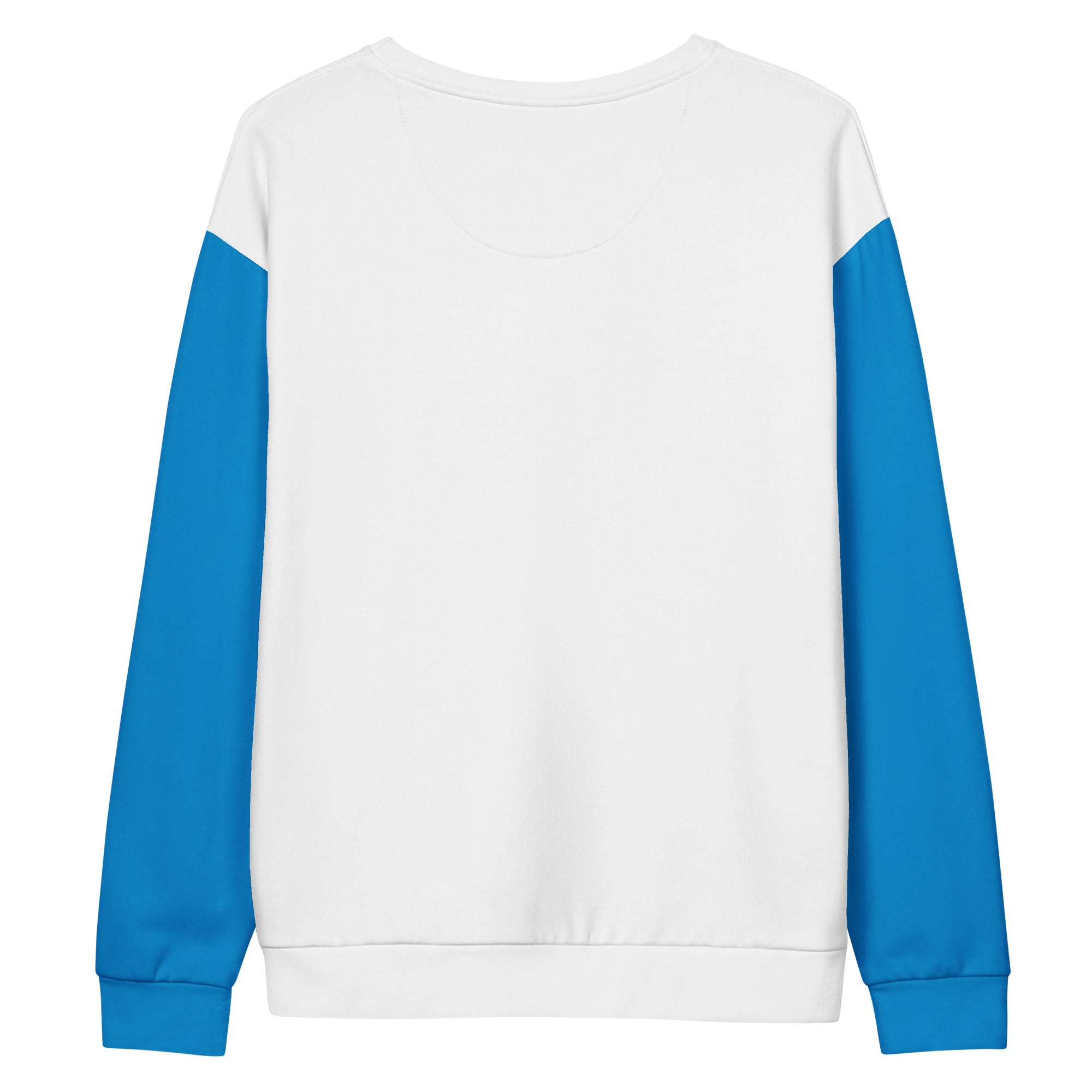 Unisex cotton sweatshirt back view in white with blue sleeves and crew neck