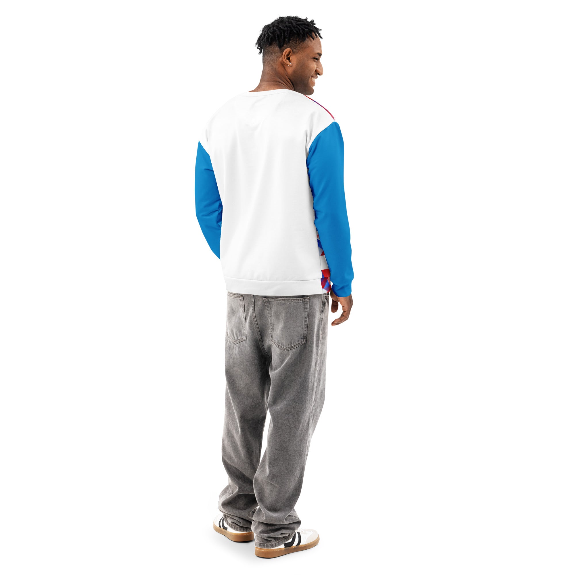 Unisex cotton sweatshirt back on model: white back panel with blue sleeves and crew neck