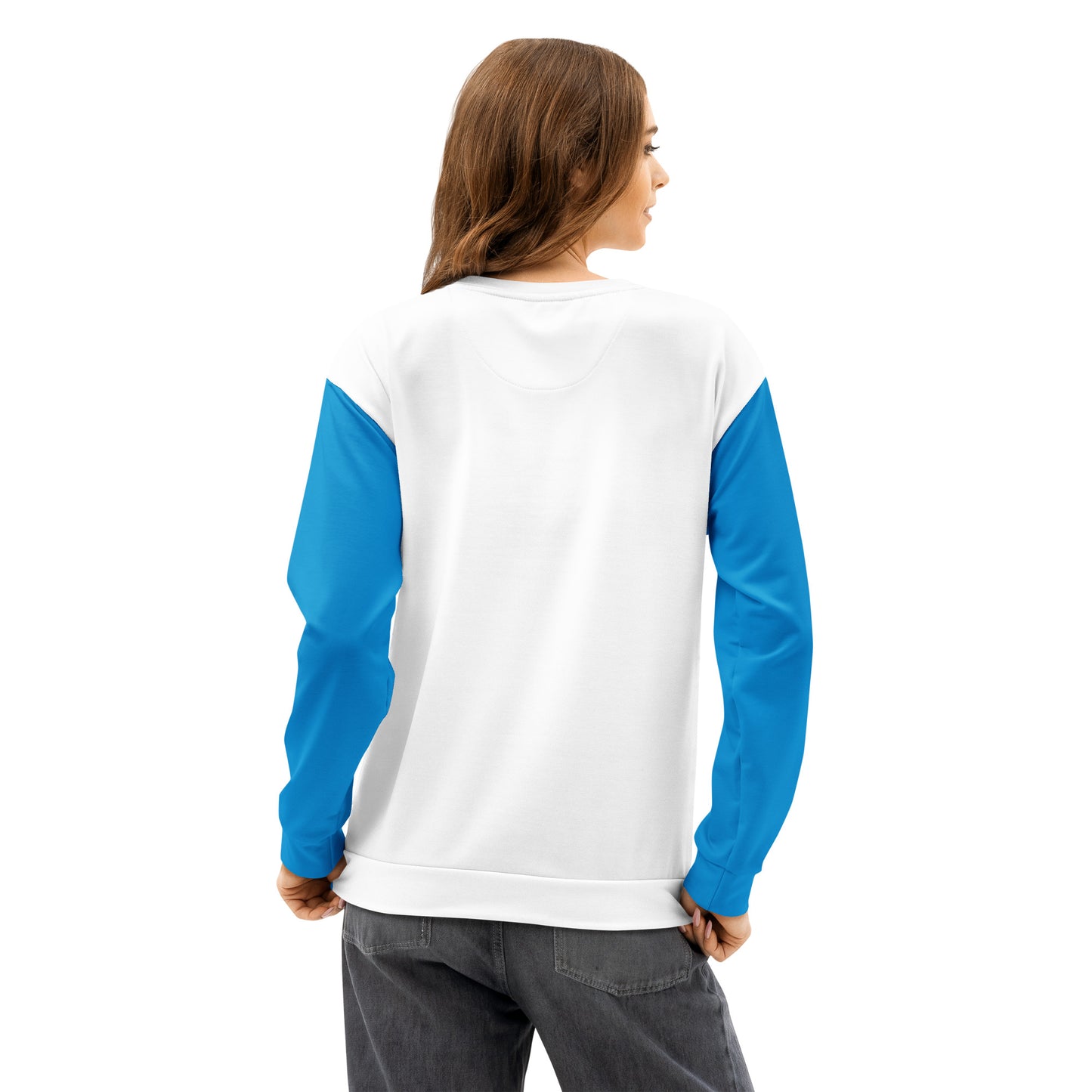 Unisex cotton sweatshirt back view on model: white with blue sleeves and crew neck
