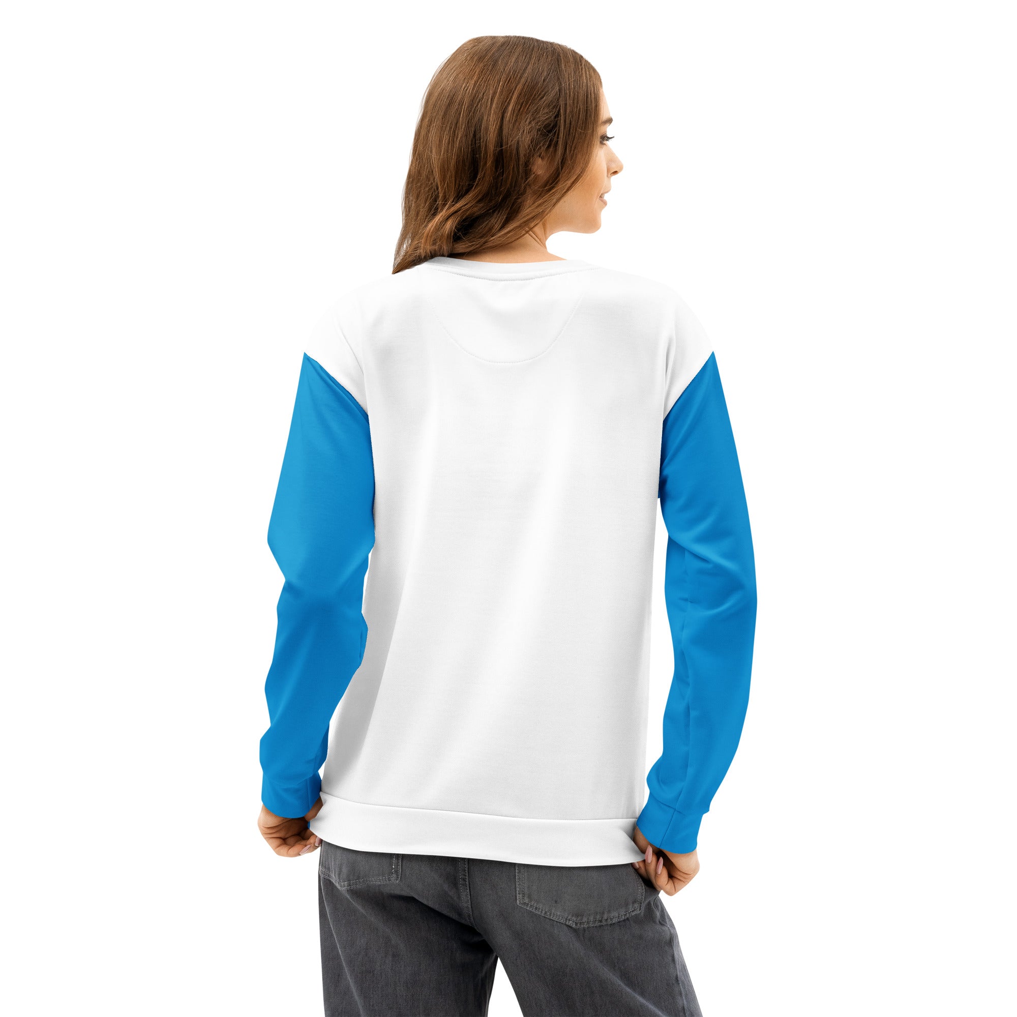 Unisex cotton sweatshirt back on model: plain white back with blue long sleeves