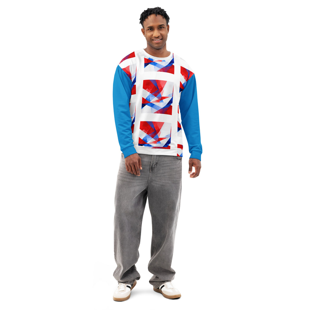 Unisex cotton sweatshirt on model, white body with blue sleeves and large red, white, blue graphic