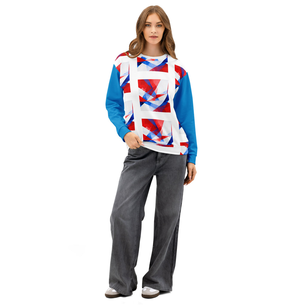 Unisex cotton sweatshirt on model: white front with blue sleeves and red, white, blue block graphic
