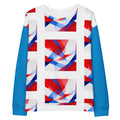 Unisex cotton sweatshirt front view: white body with blue sleeves and red, white, blue block graphic