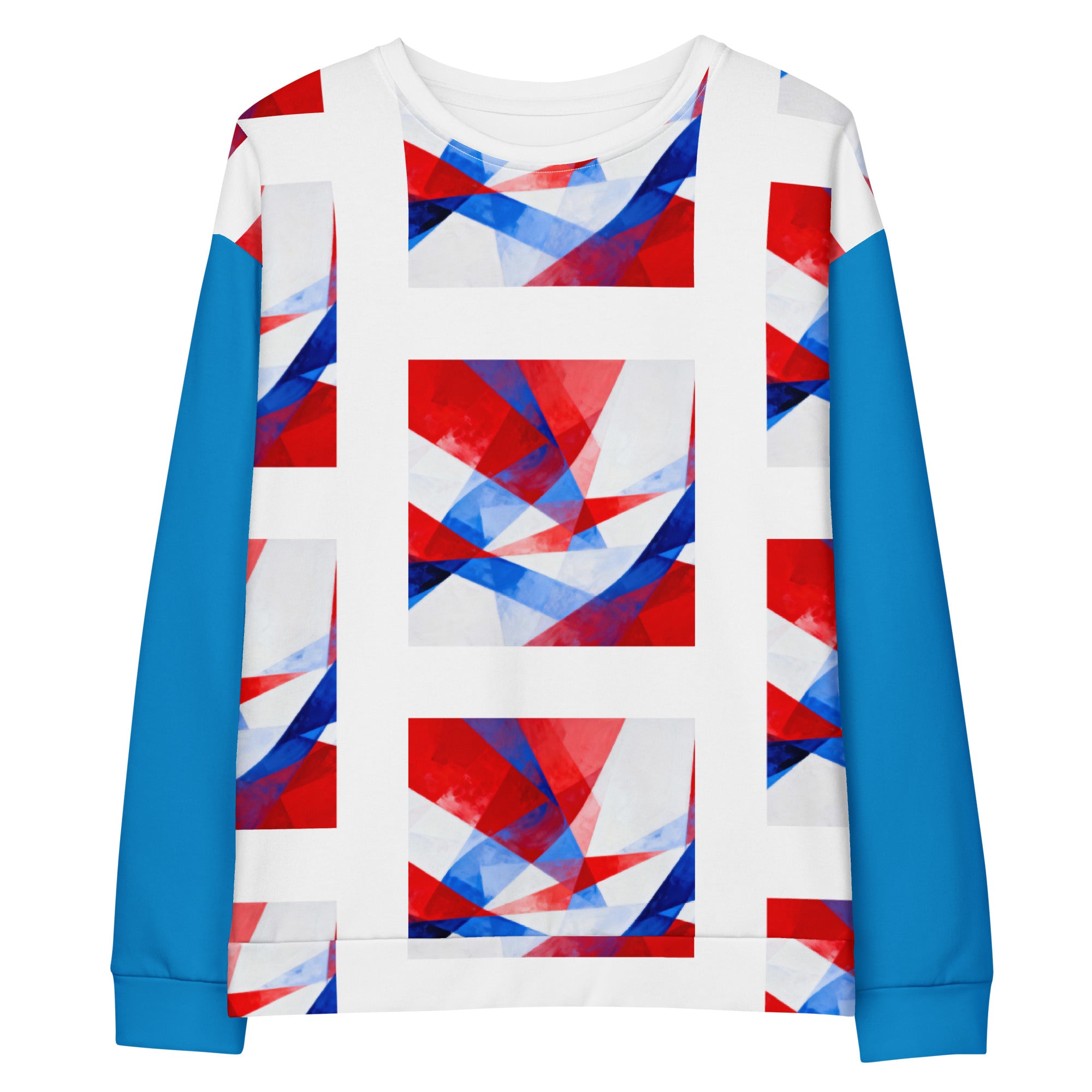 Unisex cotton sweatshirt front view: white body with blue sleeves and red, white, blue block graphic