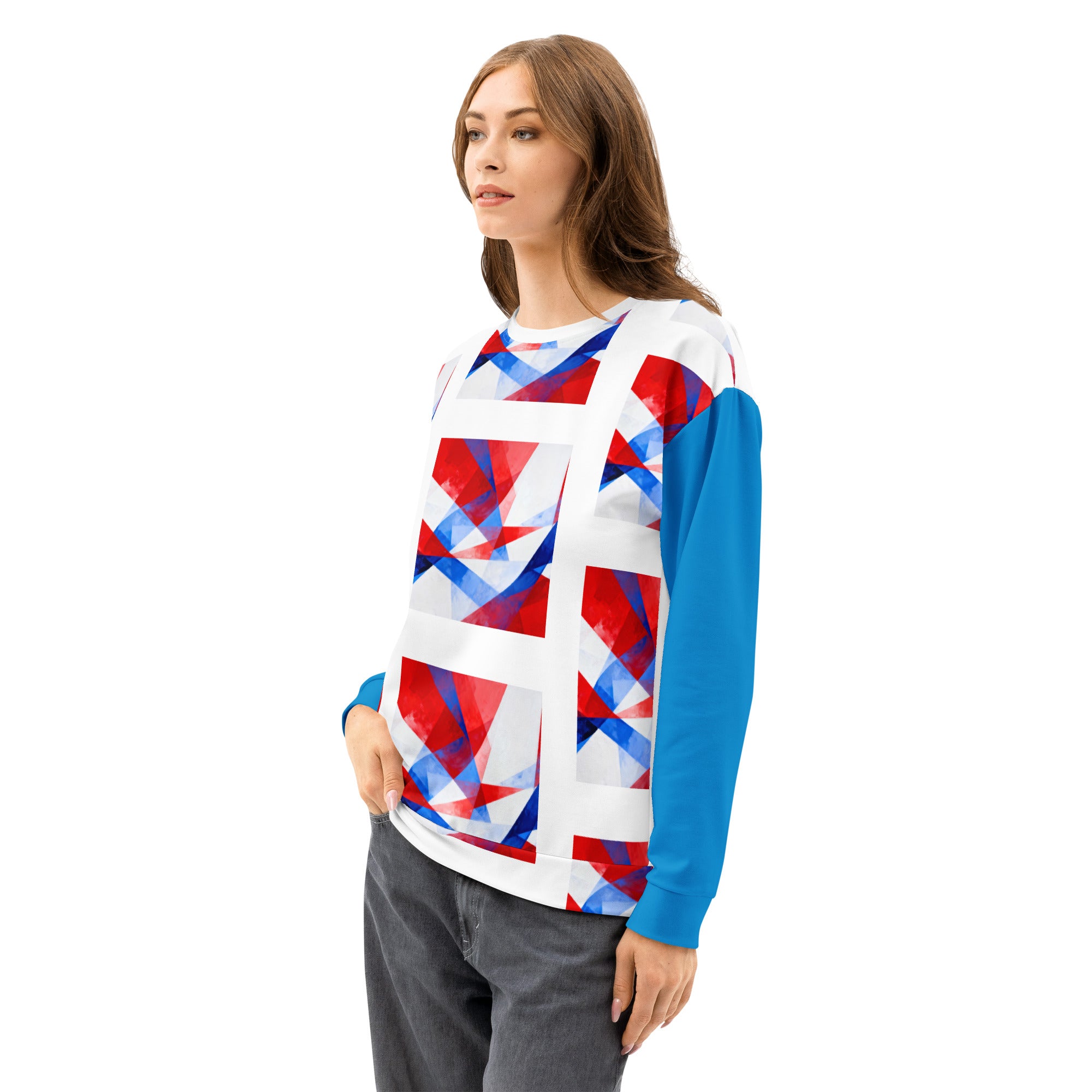 Unisex cotton sweatshirt on model with white base, blue sleeves, and red/blue geometric graphic