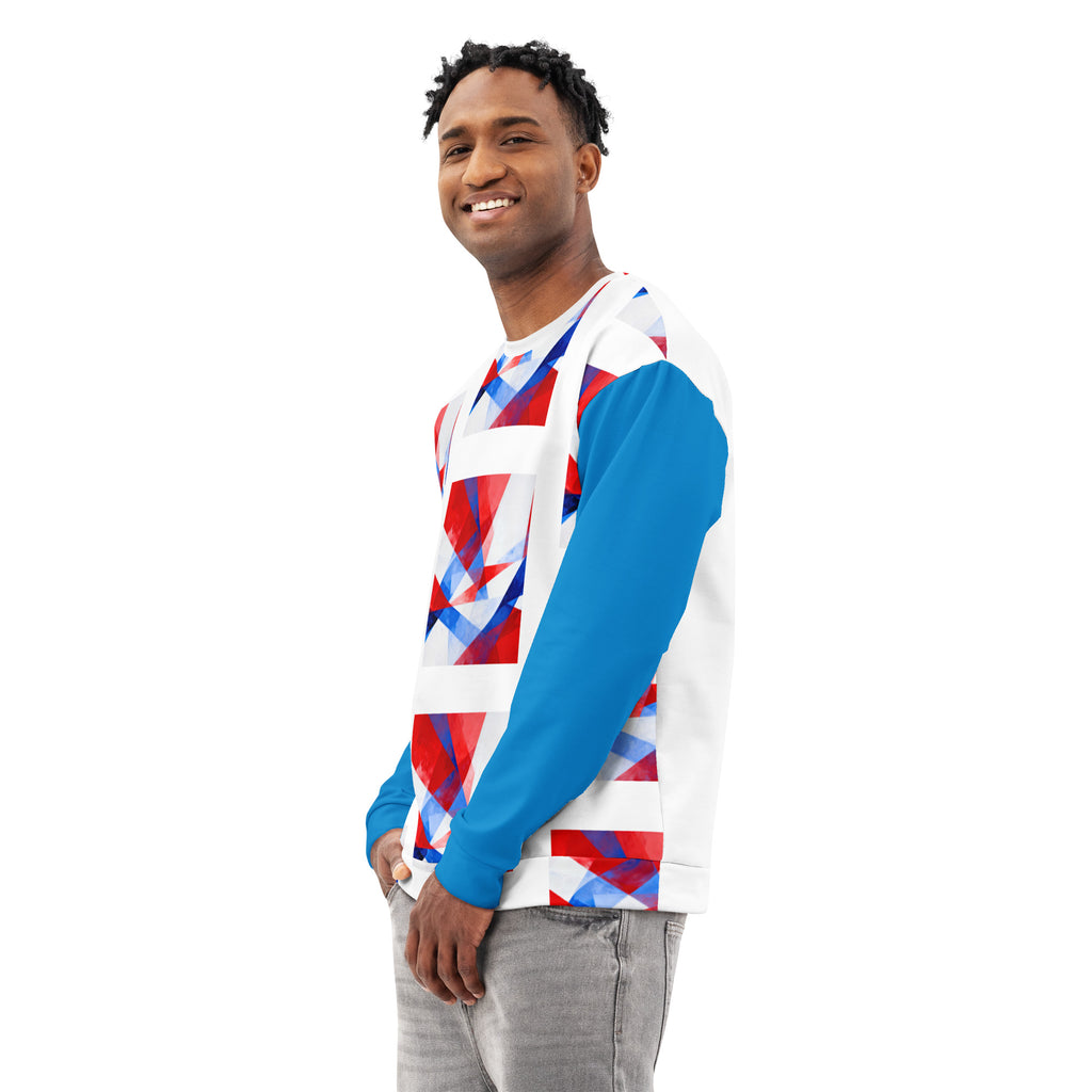 Unisex cotton sweatshirt on model, white-and-blue geometric graphic across front, blue sleeves