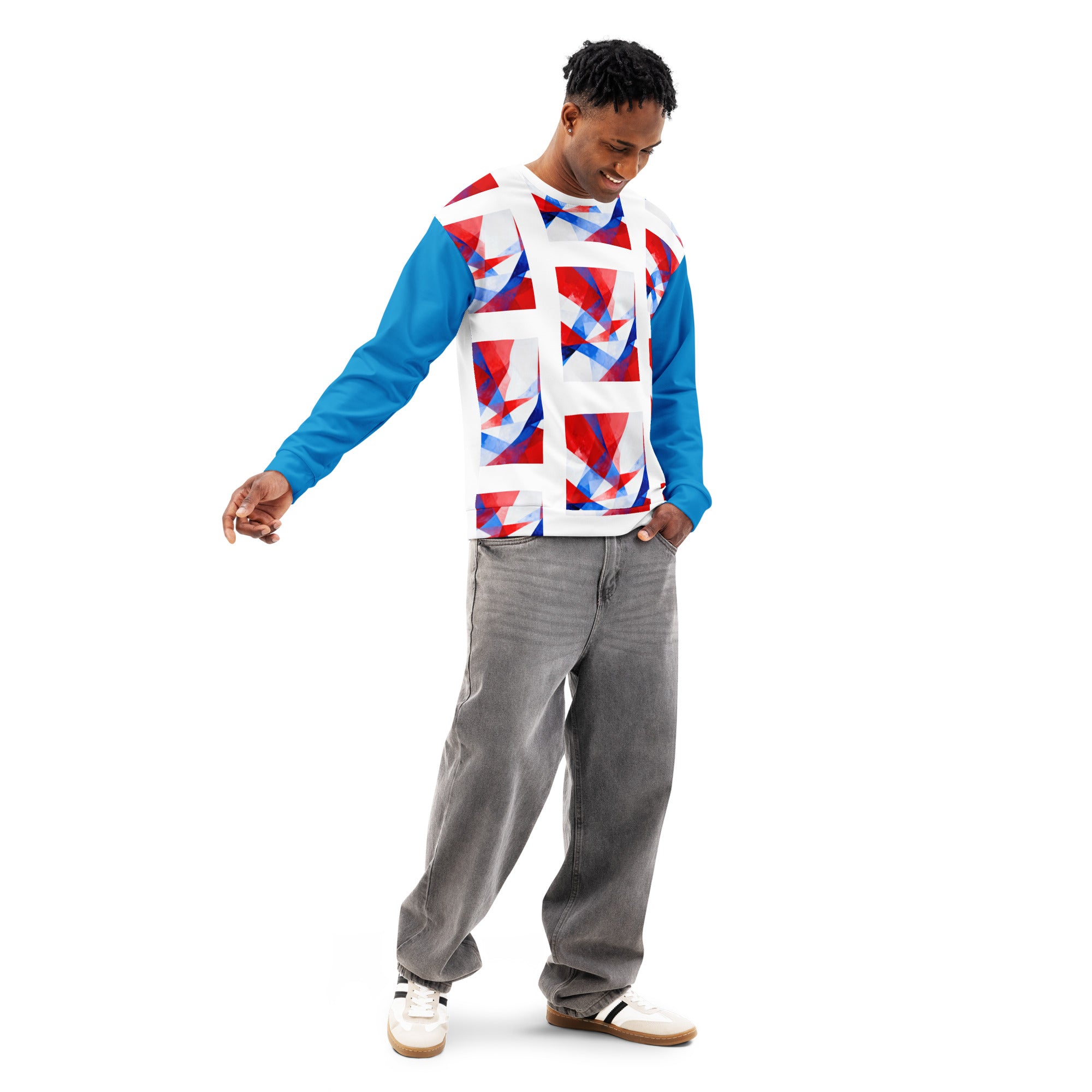 Unisex cotton sweatshirt on model with white body, blue sleeves, and red/blue geometric front graphic