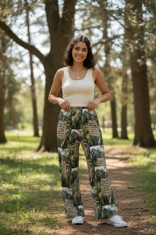 Wide-leg cotton pants with green and tan text collage print and wide legs