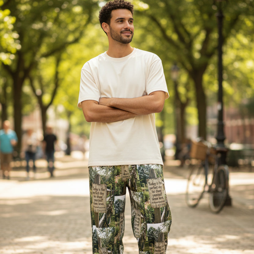 Wide-leg cotton pants with green collage tree-and-text print, lower body view