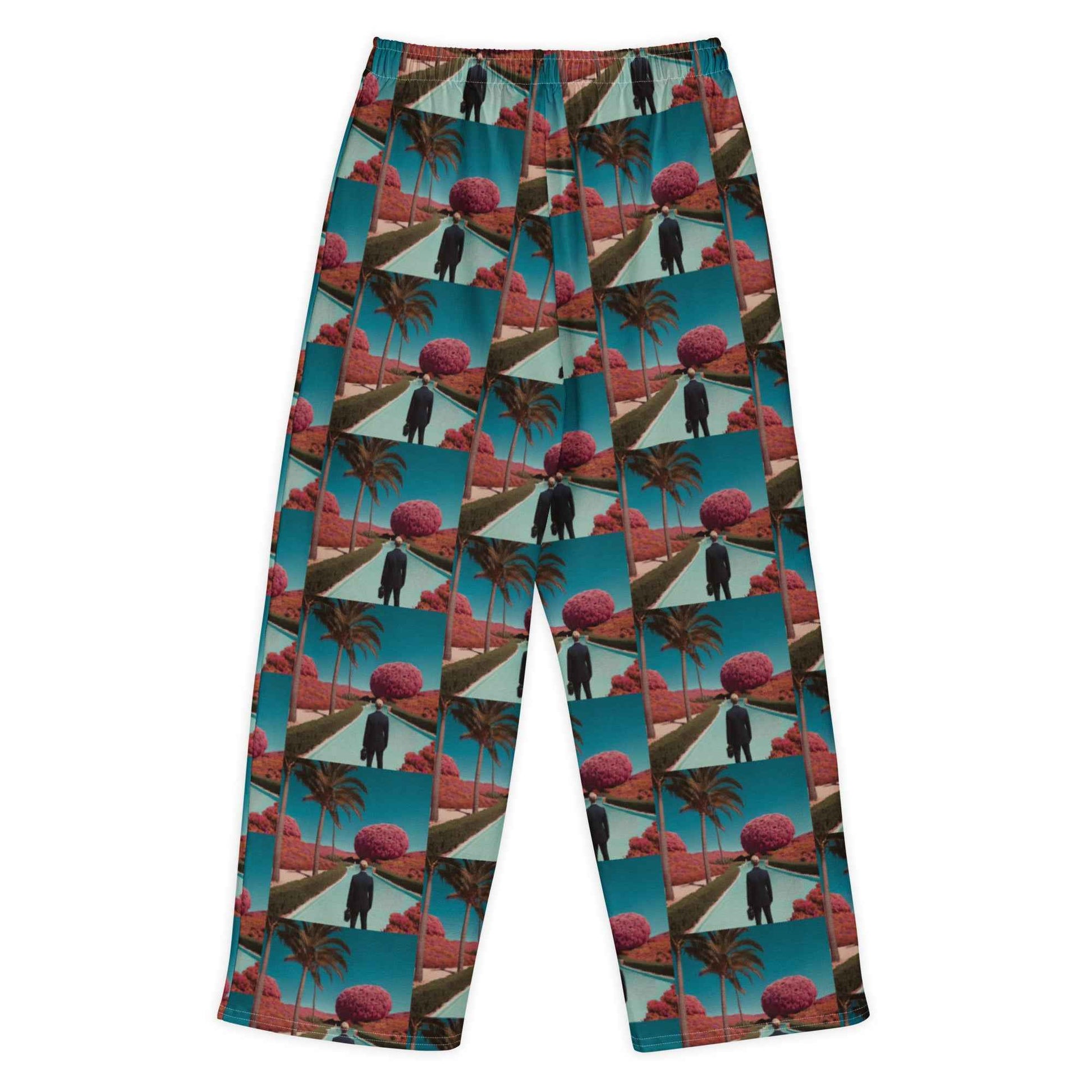 All-cotton wide-leg unisex pants, teal elastic waist, tropical geometric print