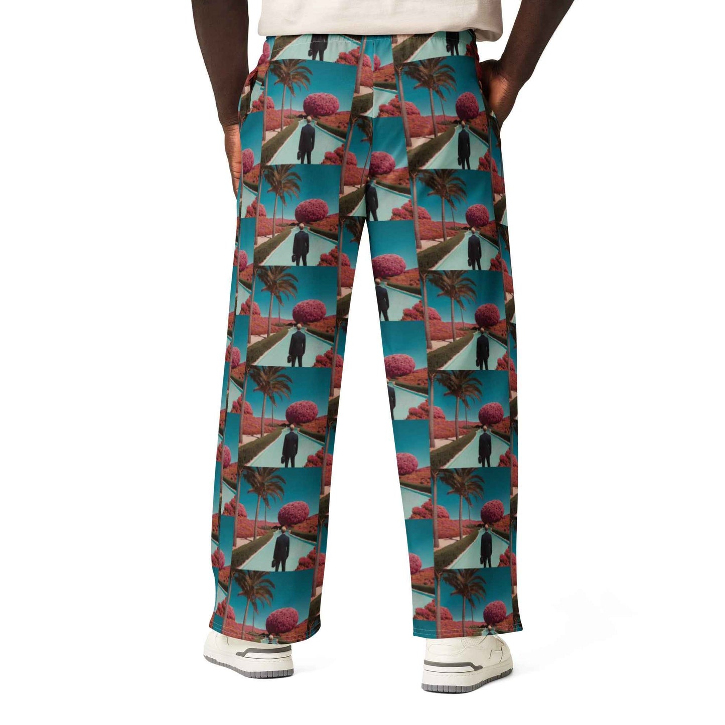 All-cotton wide-leg unisex pants, teal tropical geometric print, ankle-length