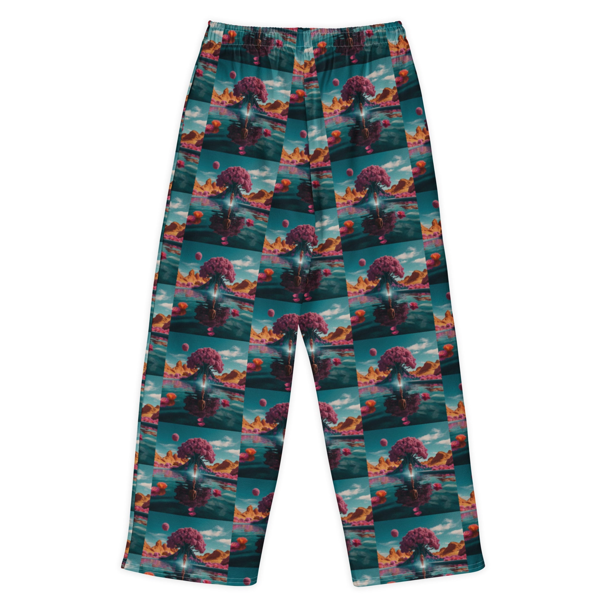Wide-leg pants with teal elastic waistband and all-over colorful landscape pattern