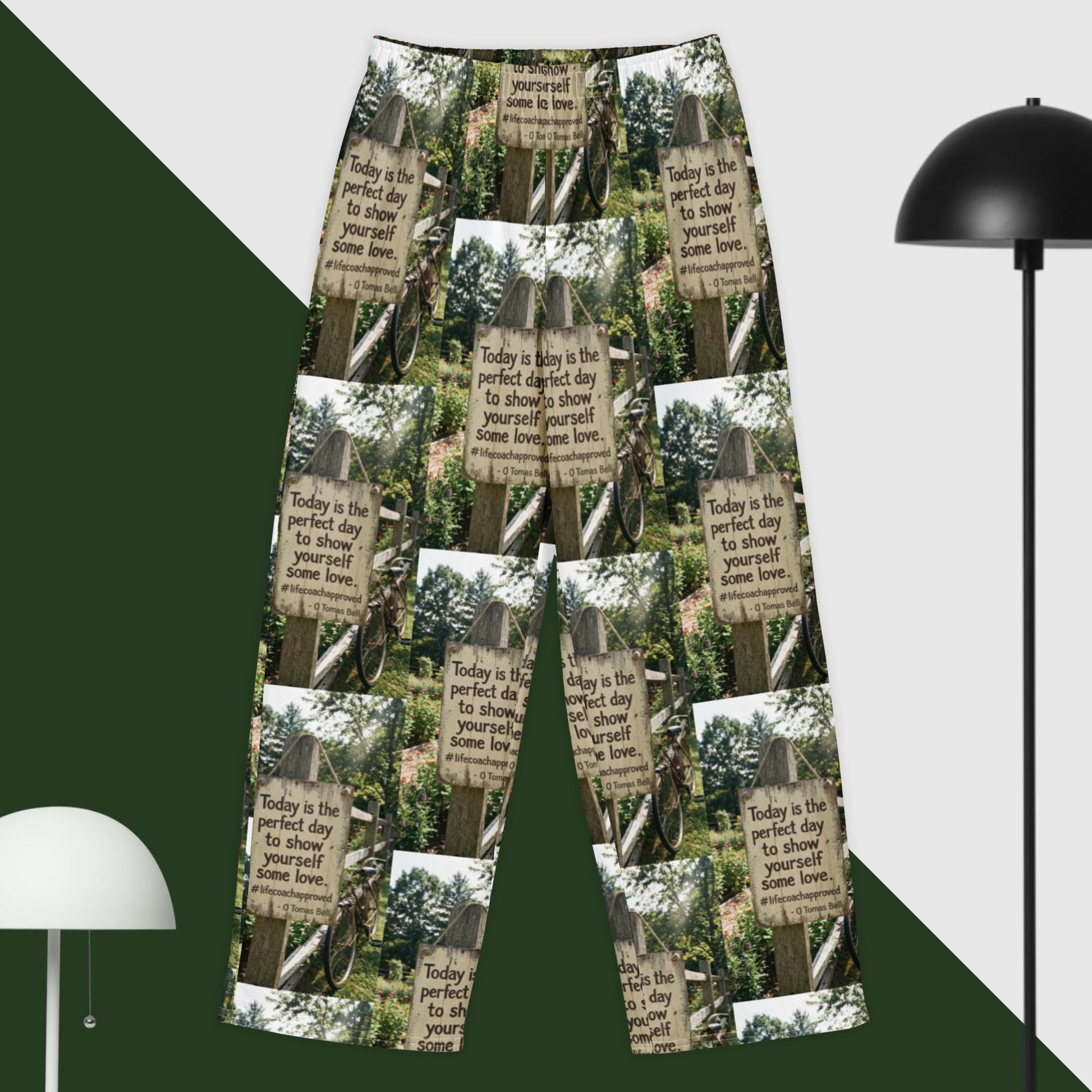 Wide-leg cotton pants with green and beige photo collage and motivational text print