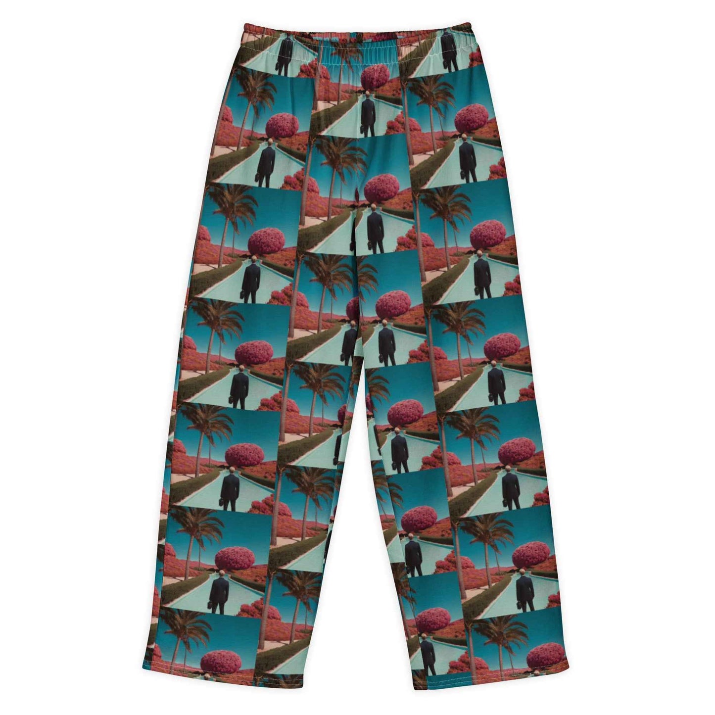 All-cotton wide-leg unisex pants, teal elastic waist, tropical geometric print