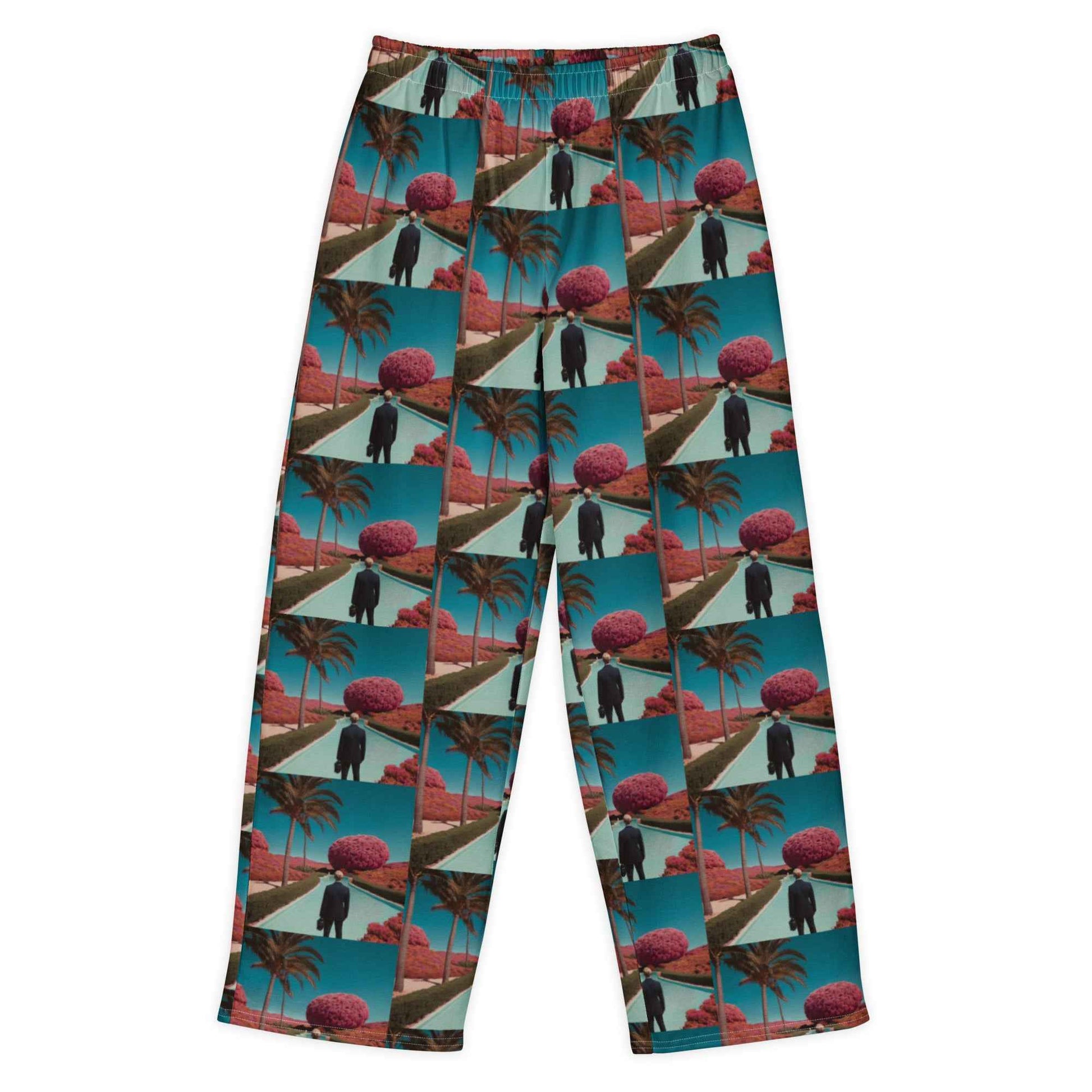 All-cotton wide-leg unisex pants, teal elastic waist, tropical geometric print