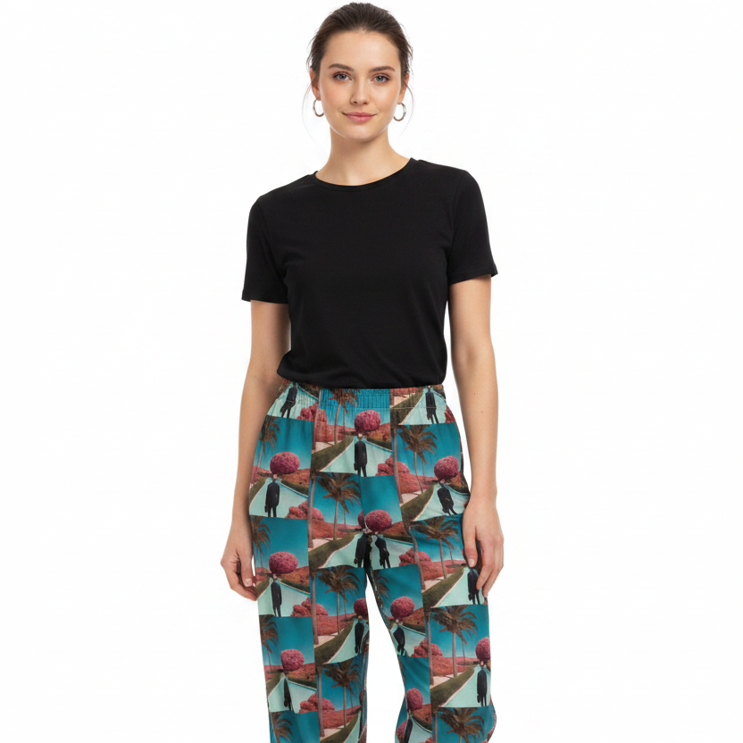 All-cotton wide-leg unisex pants with teal elastic waistband and tropical geometric print