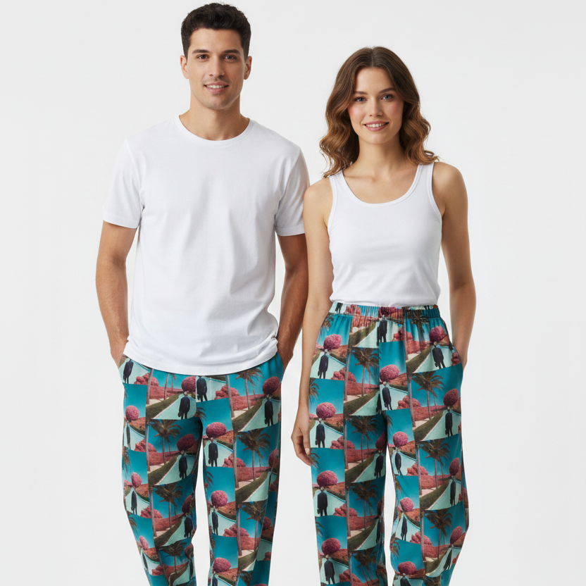 All-cotton wide-leg unisex pants, teal tropical geometric print, elastic waist