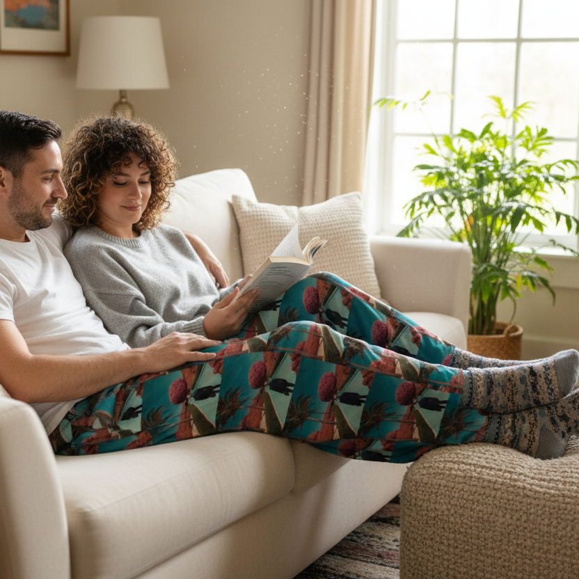 All-cotton wide-leg unisex pants with teal tropical geometric print, lounging fit