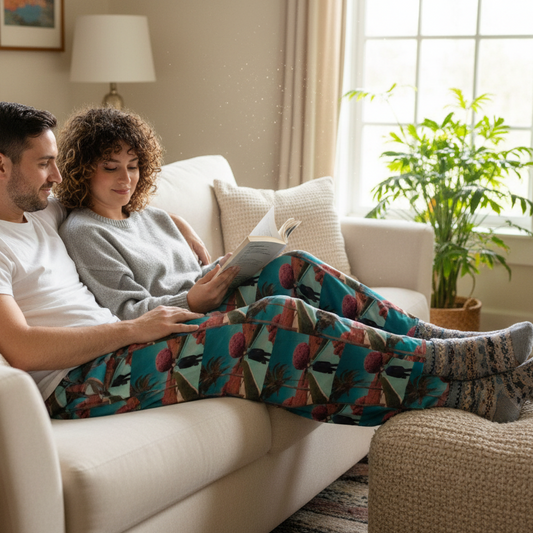 All-cotton wide-leg unisex pants with teal tropical geometric print, lounging fit