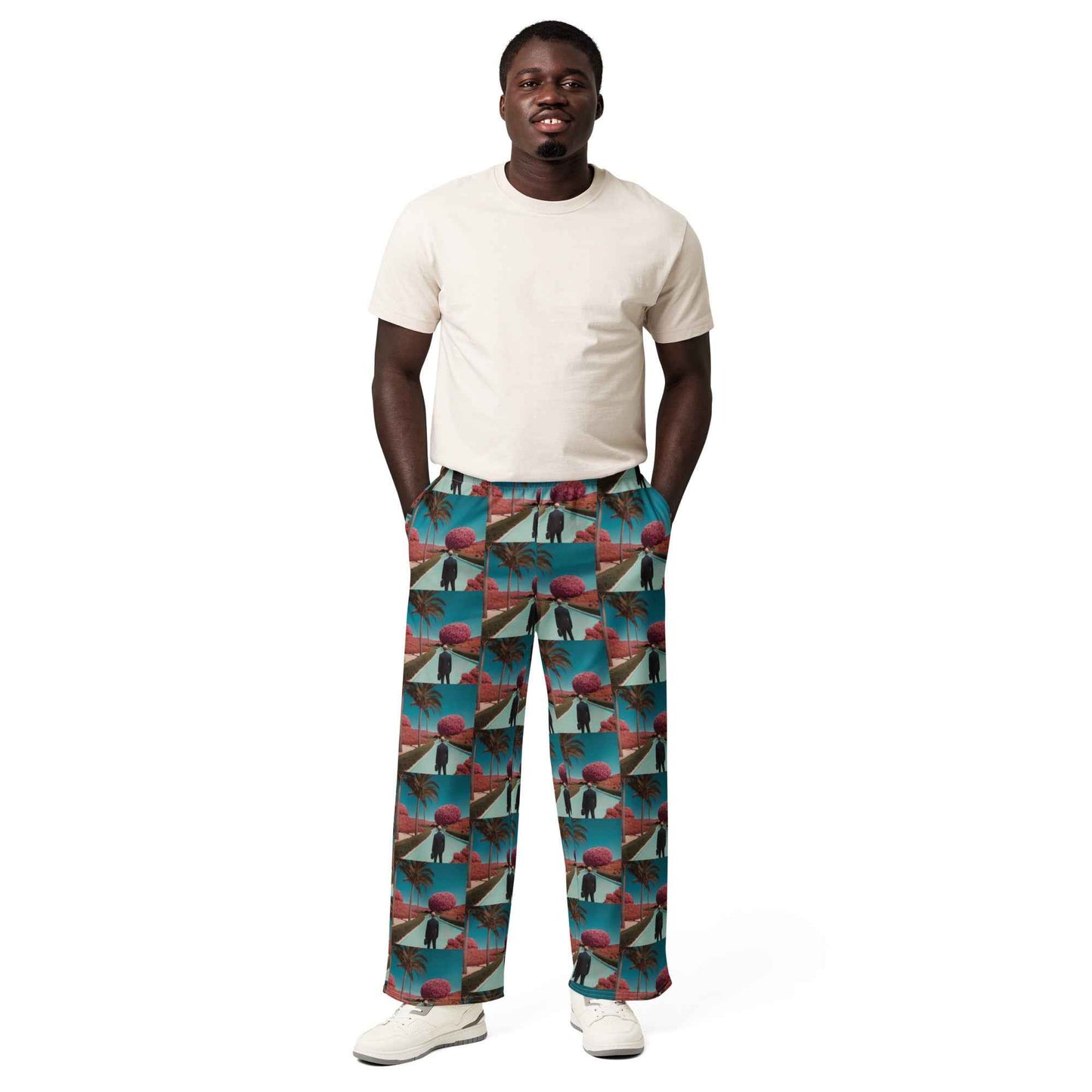 All-cotton wide-leg unisex pants with teal tropical geometric patch print