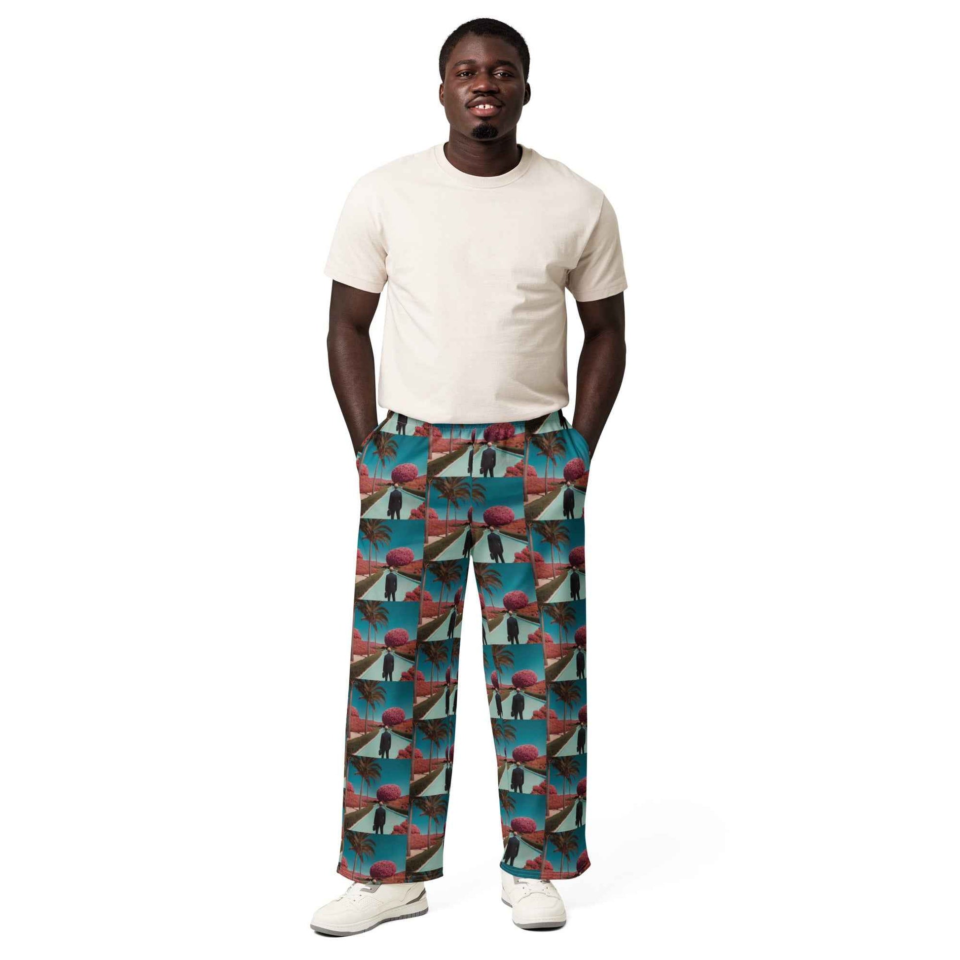 All-cotton wide-leg unisex pants with teal tropical geometric patch print