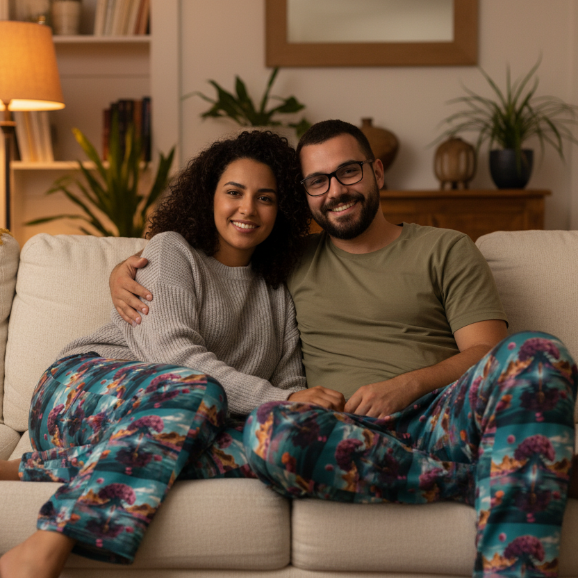 Unisex wide-leg cotton pants with teal elastic waistband and colorful nature scene print
