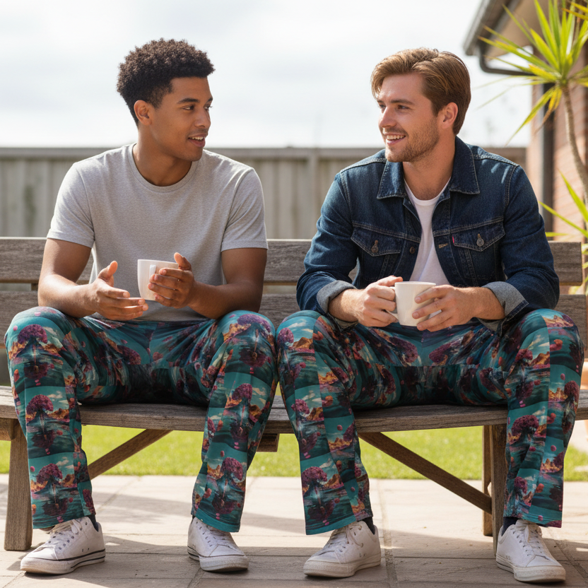 Wide-leg pants with teal elastic waistband and repeating colorful landscape pattern