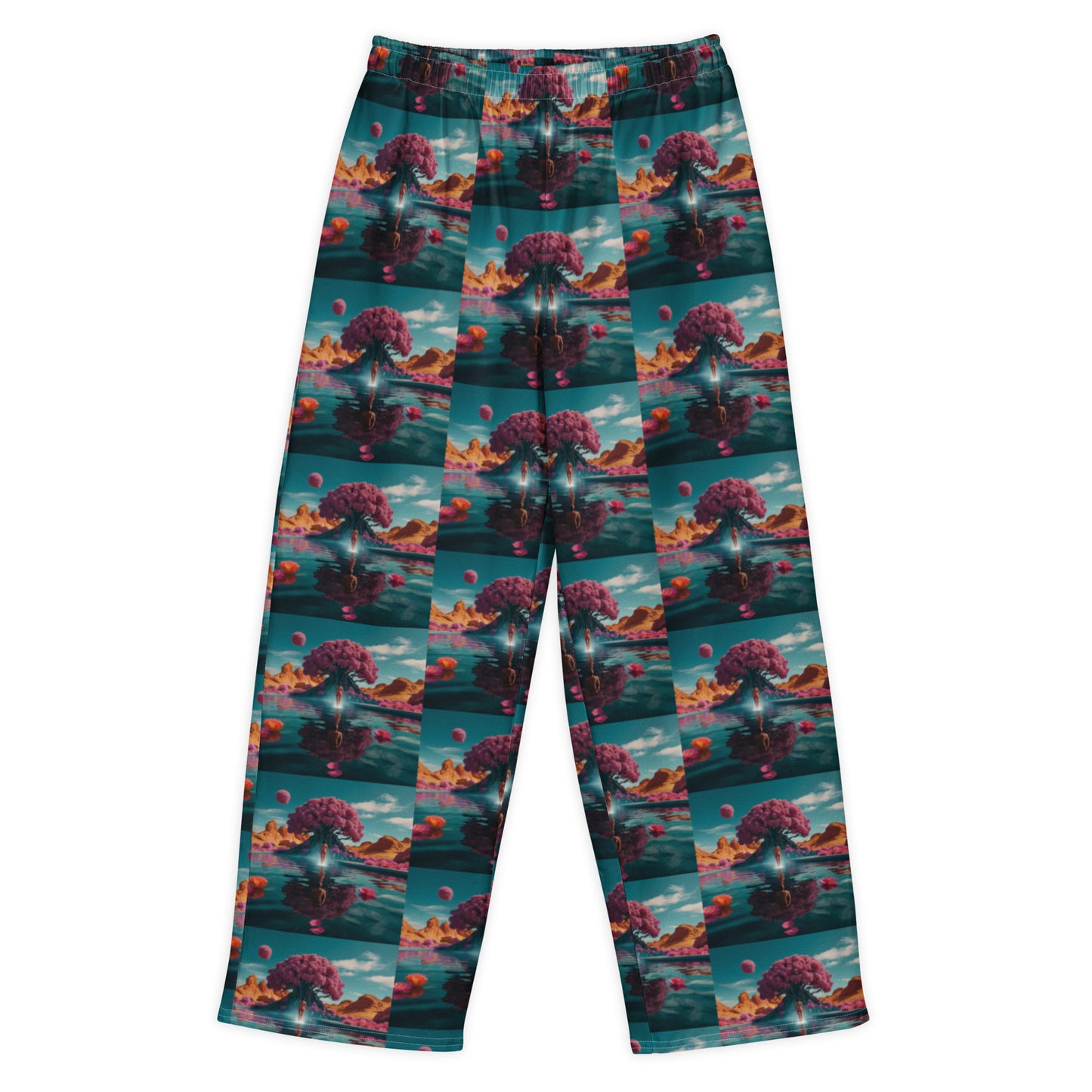 Wide-leg pants with teal all-over landscape print, elastic waistband, and loose straight legs
