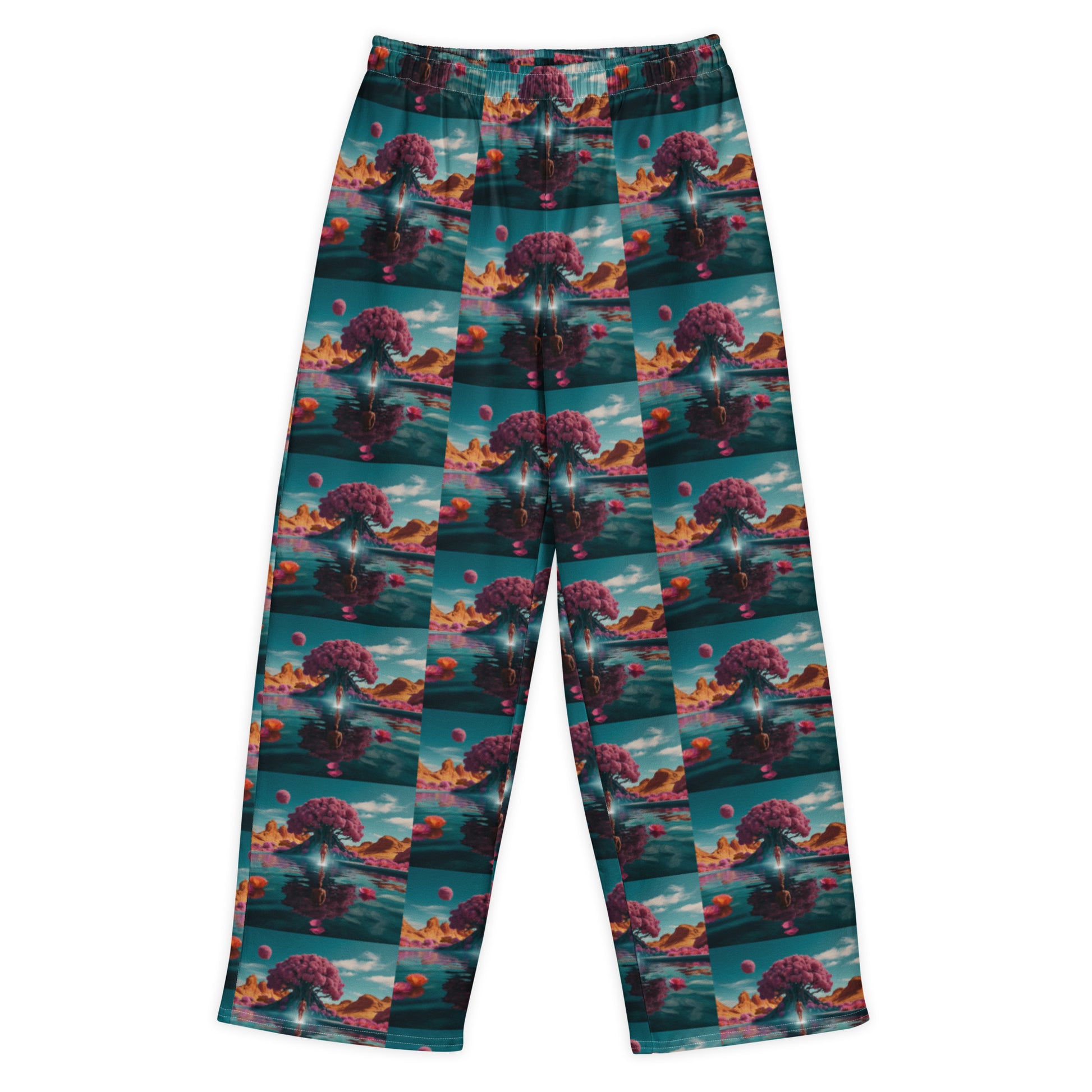 Wide-leg pants with teal all-over landscape print, elastic waistband, and loose straight legs