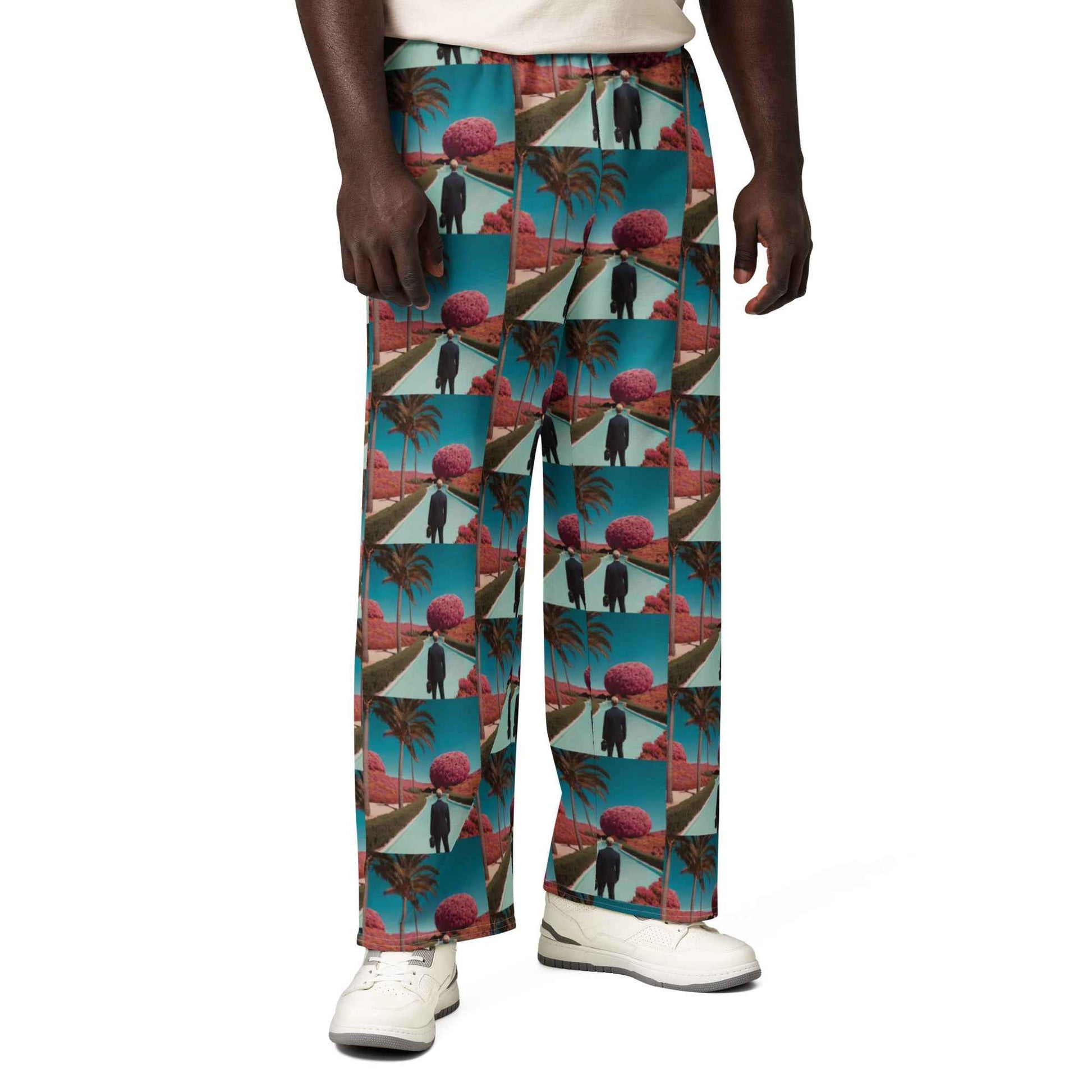 All-cotton wide-leg unisex pants, teal elastic waist, tropical geometric print