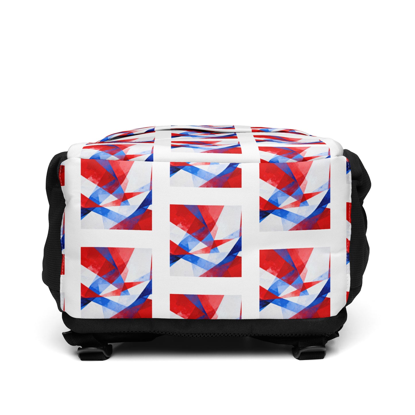 White backpack with red/blue geometric flag print, side profile, padded shoulder straps