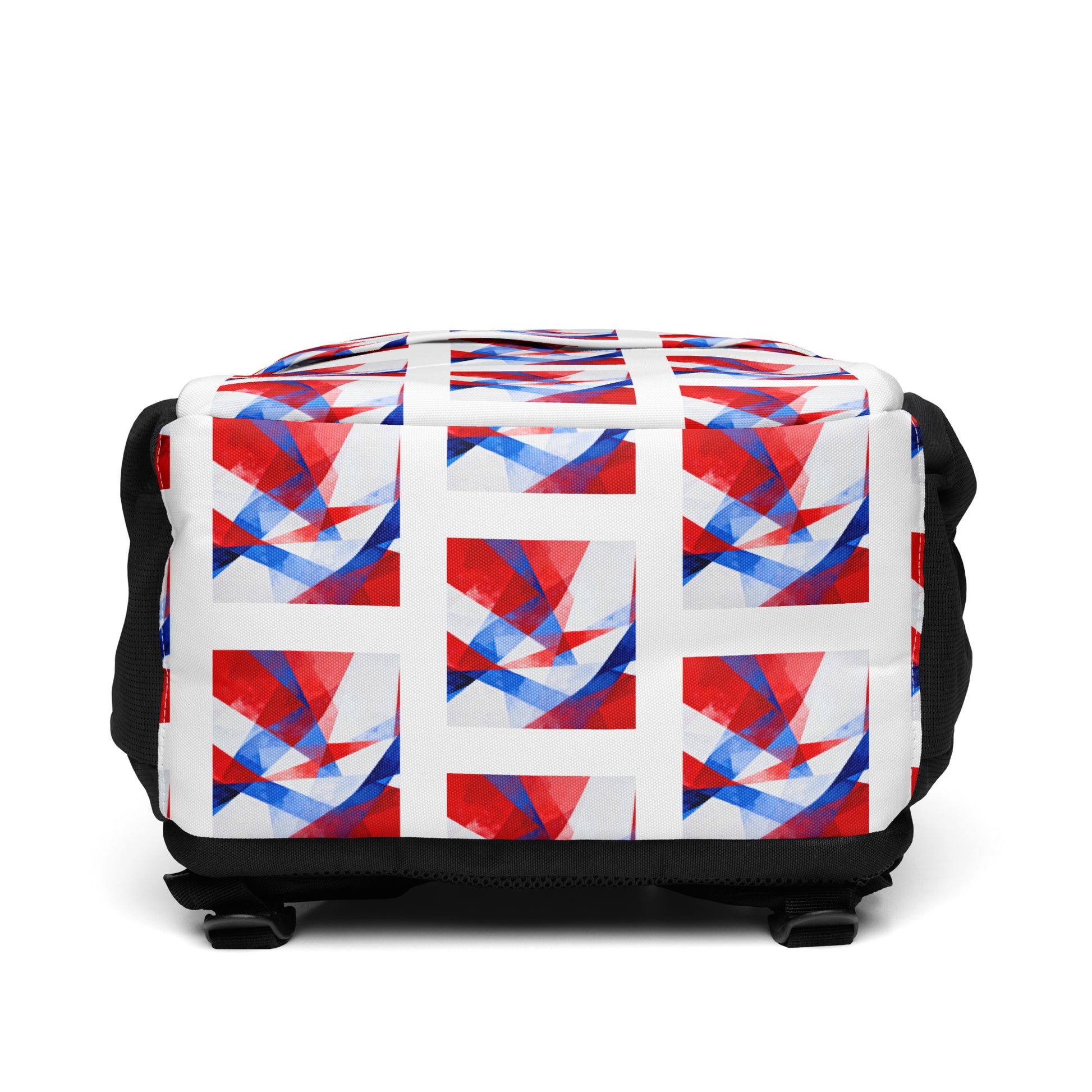 White backpack with red/blue geometric flag print, side profile, padded shoulder straps