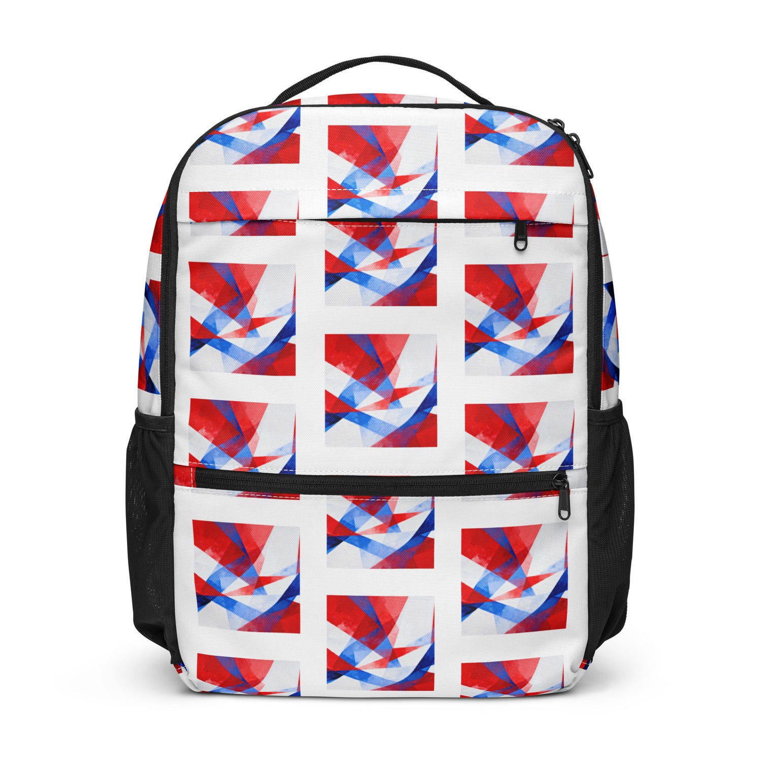 Backpack in white with red/blue geometric flag pattern, top handle, front zipper pocket