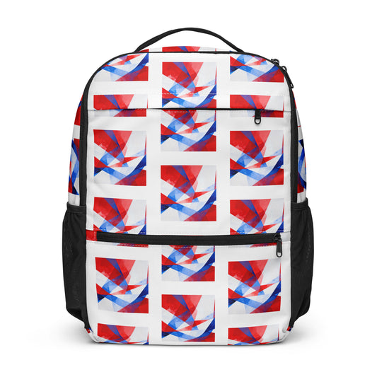 Backpack in white with red/blue geometric flag pattern, top handle, front zipper pocket