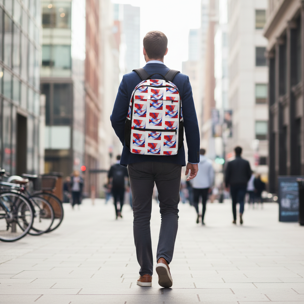 Person wearing a Union Jack mosaic utility backpack with black lower panel