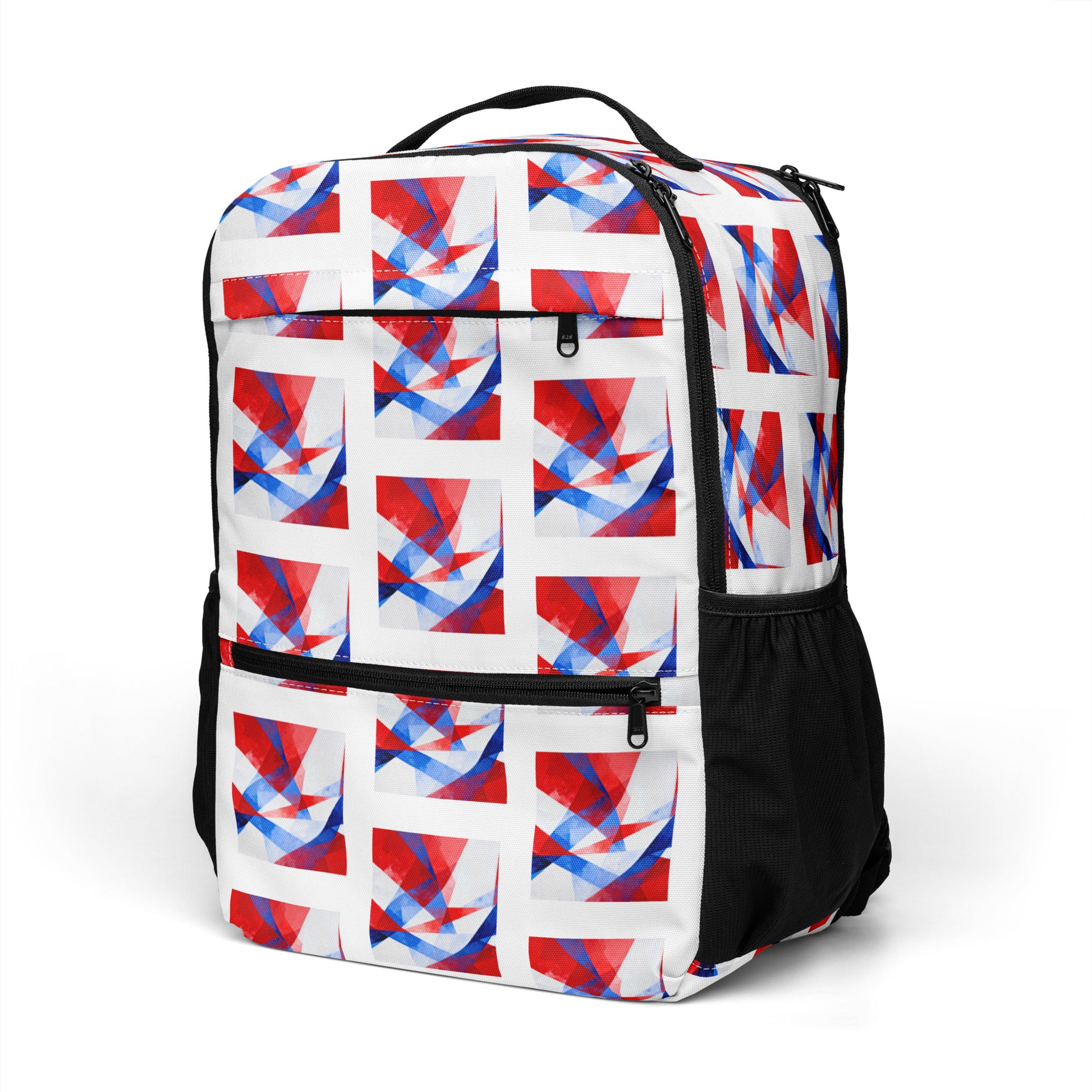 White backpack with red/blue geometric flag pattern, curved top handle, side zipper