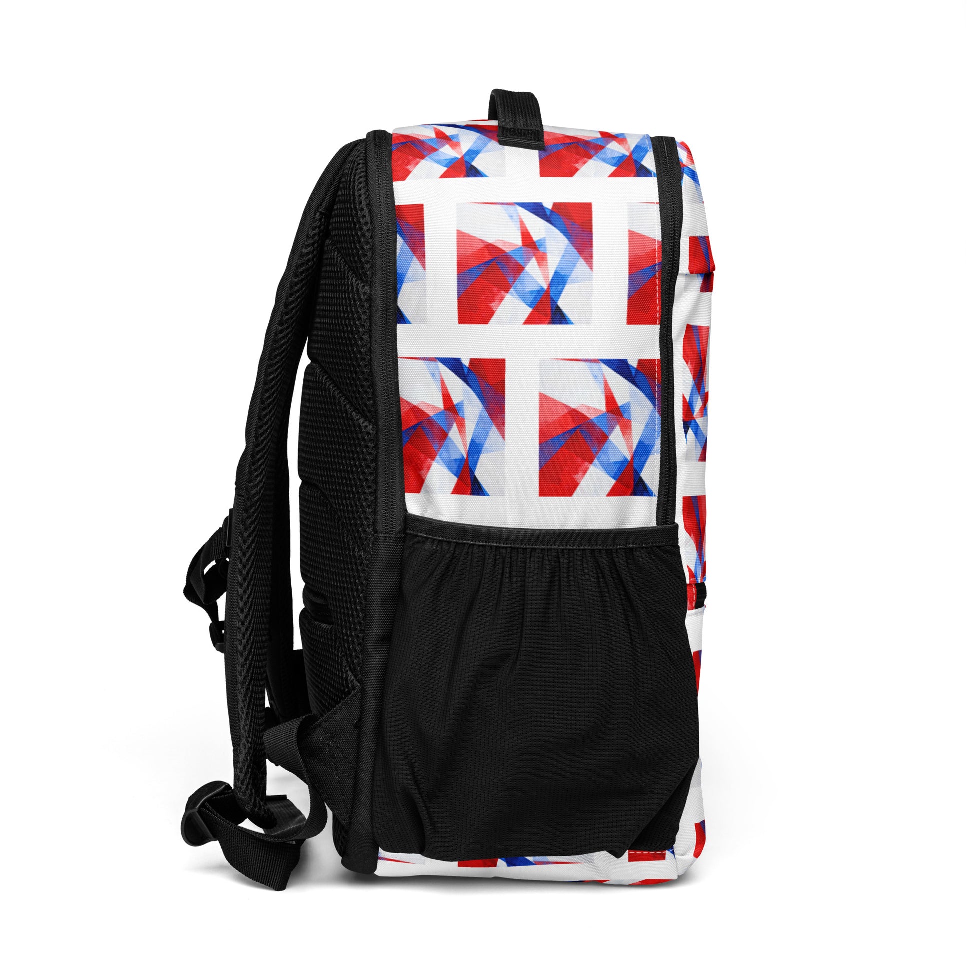 White backpack with red/blue geometric flag print, back view with adjustable shoulder straps