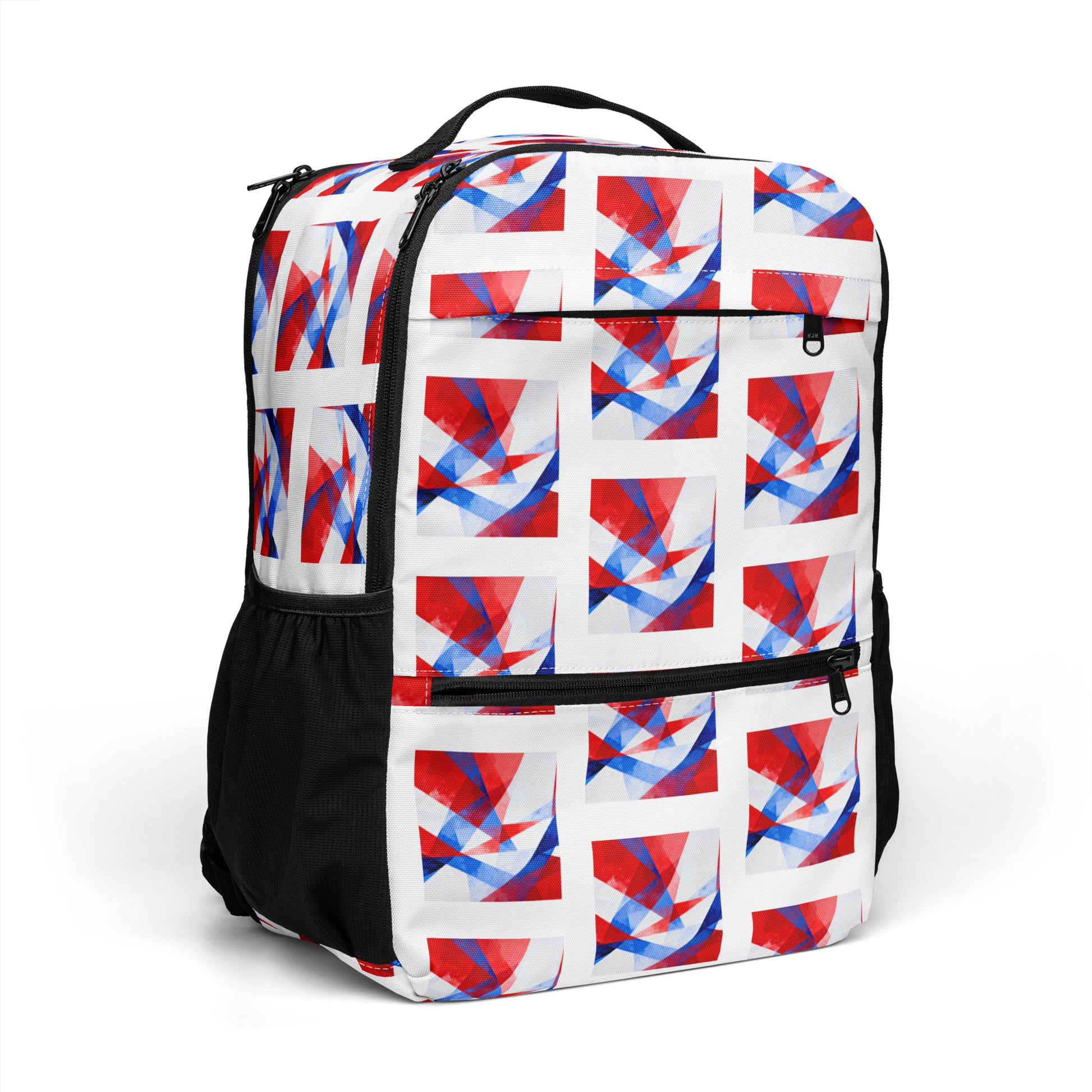 White backpack with red/blue geometric flag pattern, zip front pocket and top handle