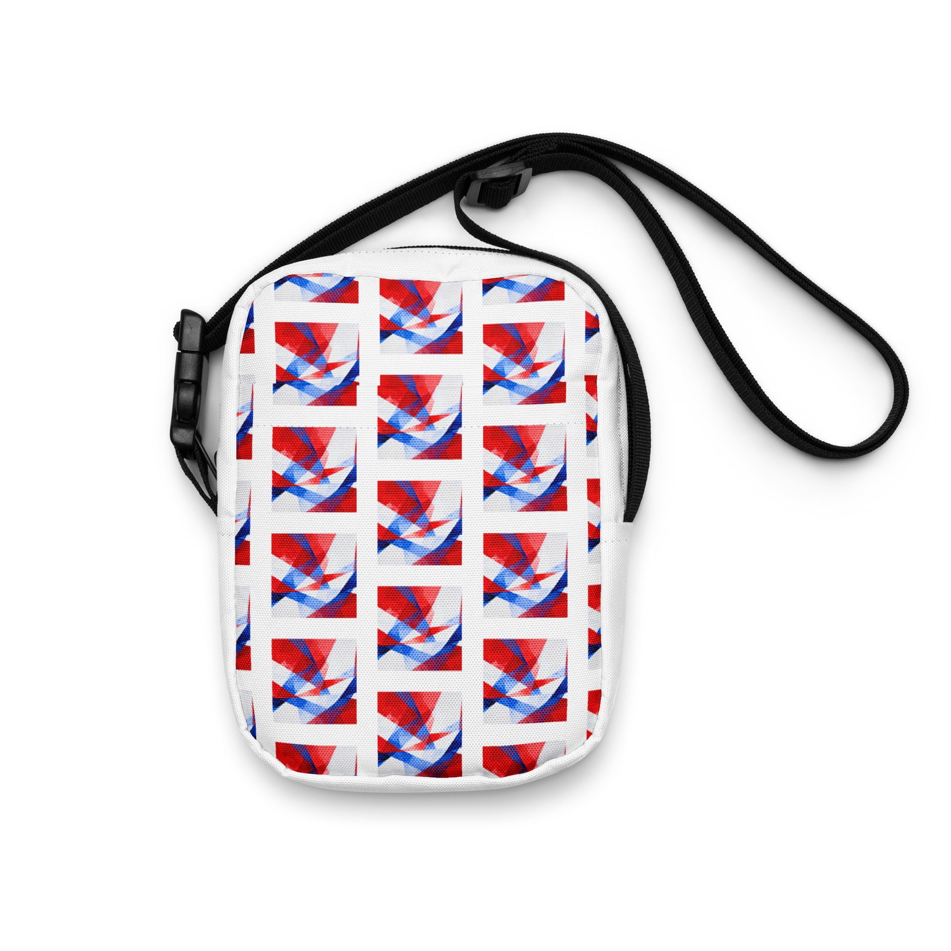 Utility crossbody bag with black strap, white geometric Union Jack patchwork side