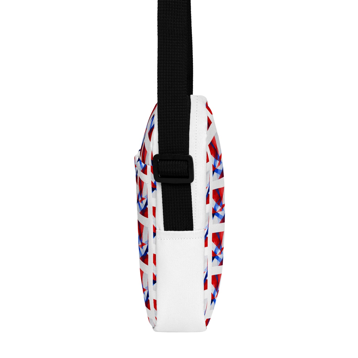 White utility crossbody bag with UK flag pattern, black shoulder strap and side view.