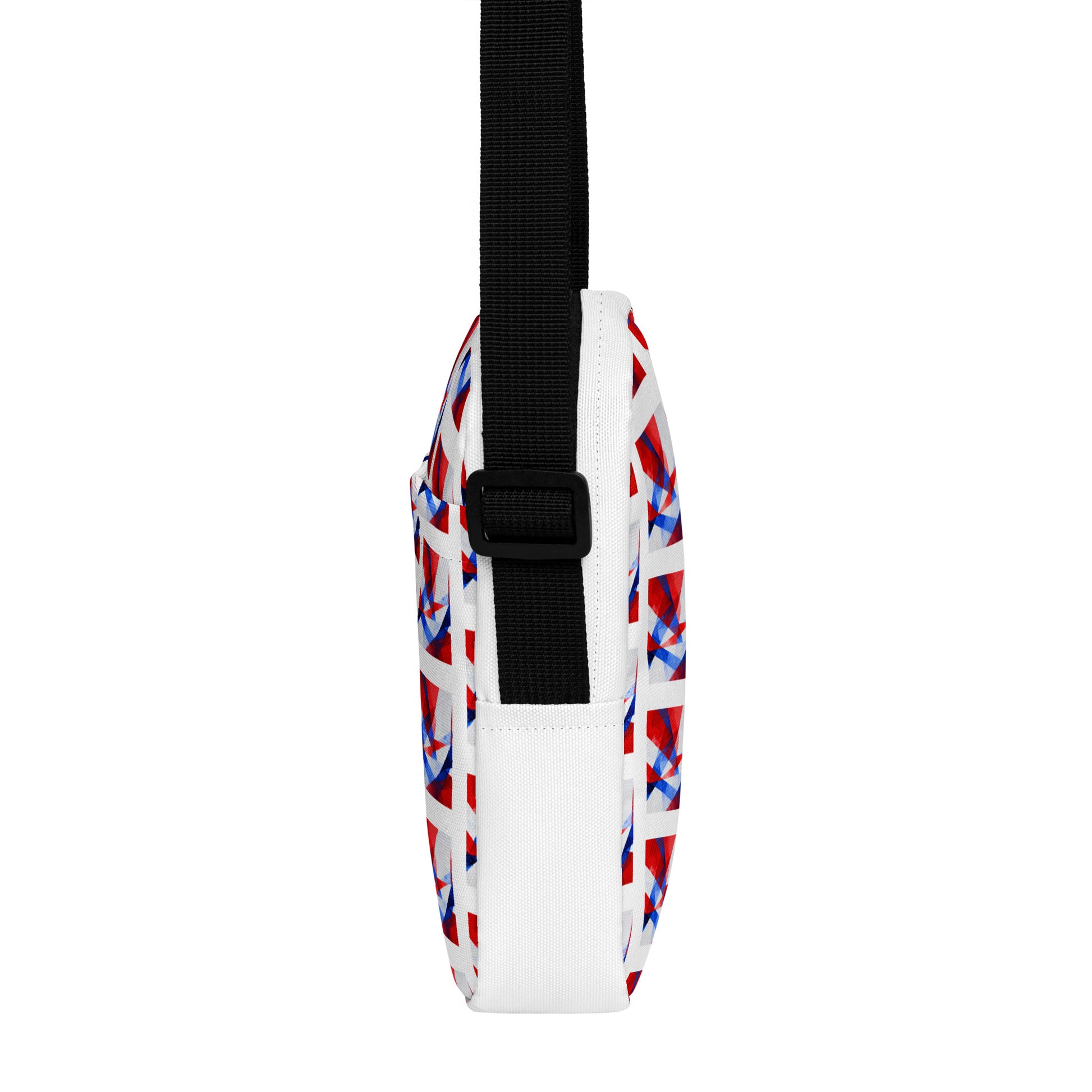 White utility crossbody bag with UK flag pattern, black shoulder strap and side view.